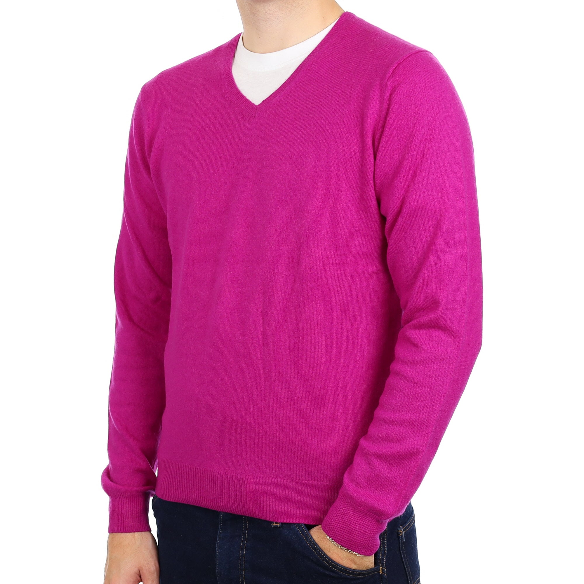 Men's Magenta Pink Cashmere V Neck Jumper Medium