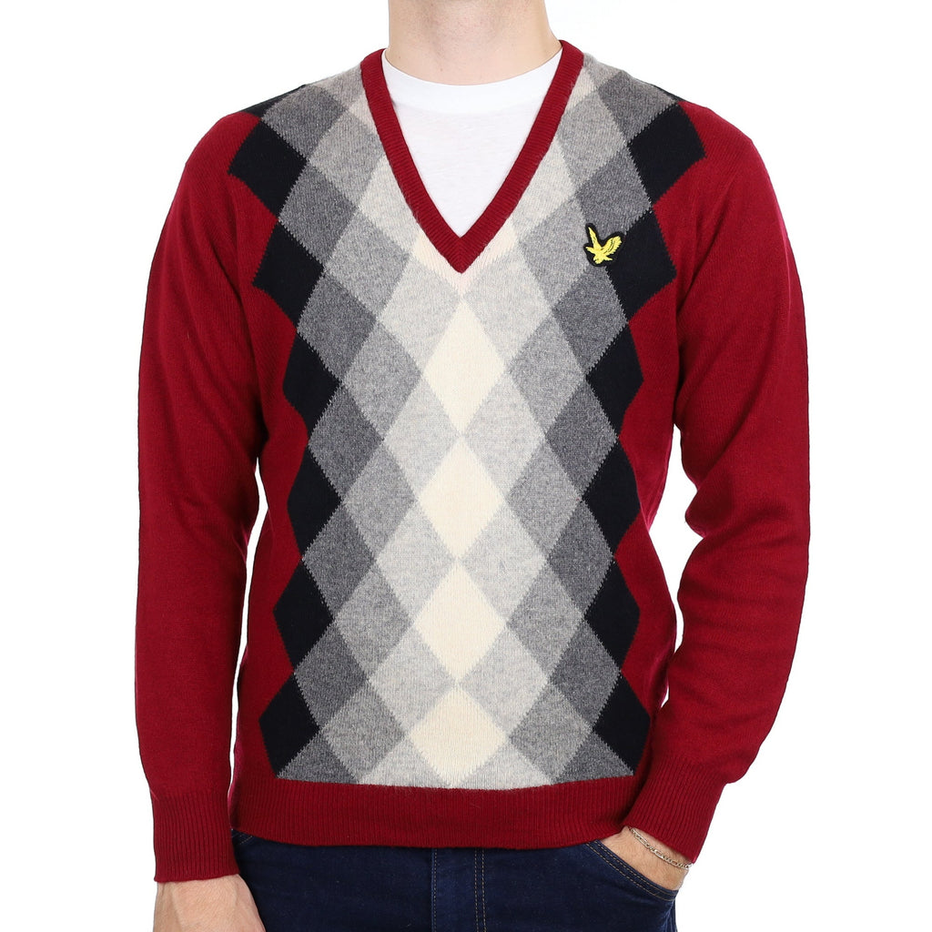 Men's Scottish Burgundy and Grey Argyle Cashmere V Neck Jumper Medium