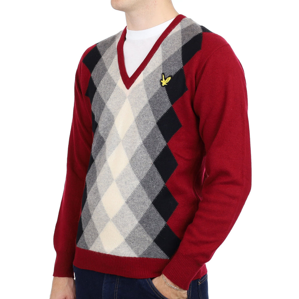 Men's Scottish Burgundy and Grey Argyle Cashmere V Neck Jumper Medium