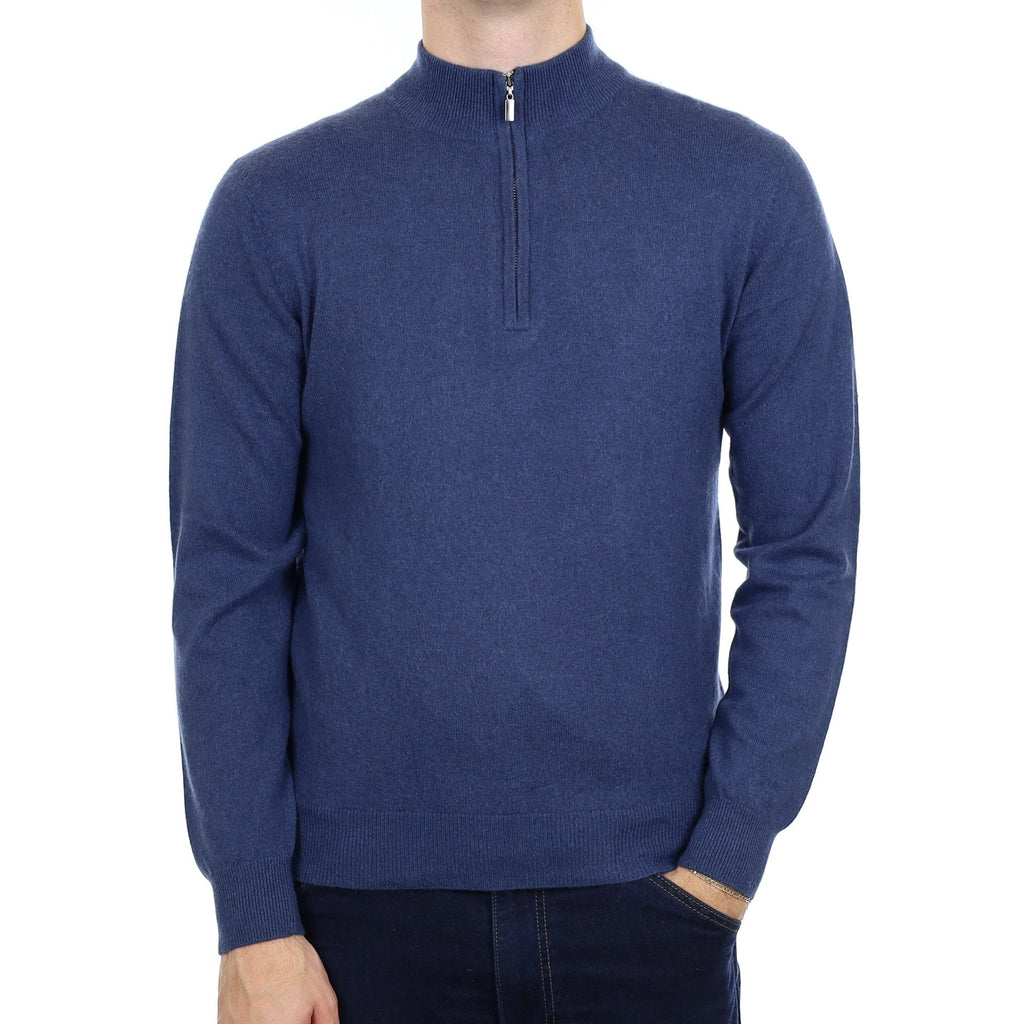Men's Naval Blue Cashmere Quarter Zip Jumper Medium