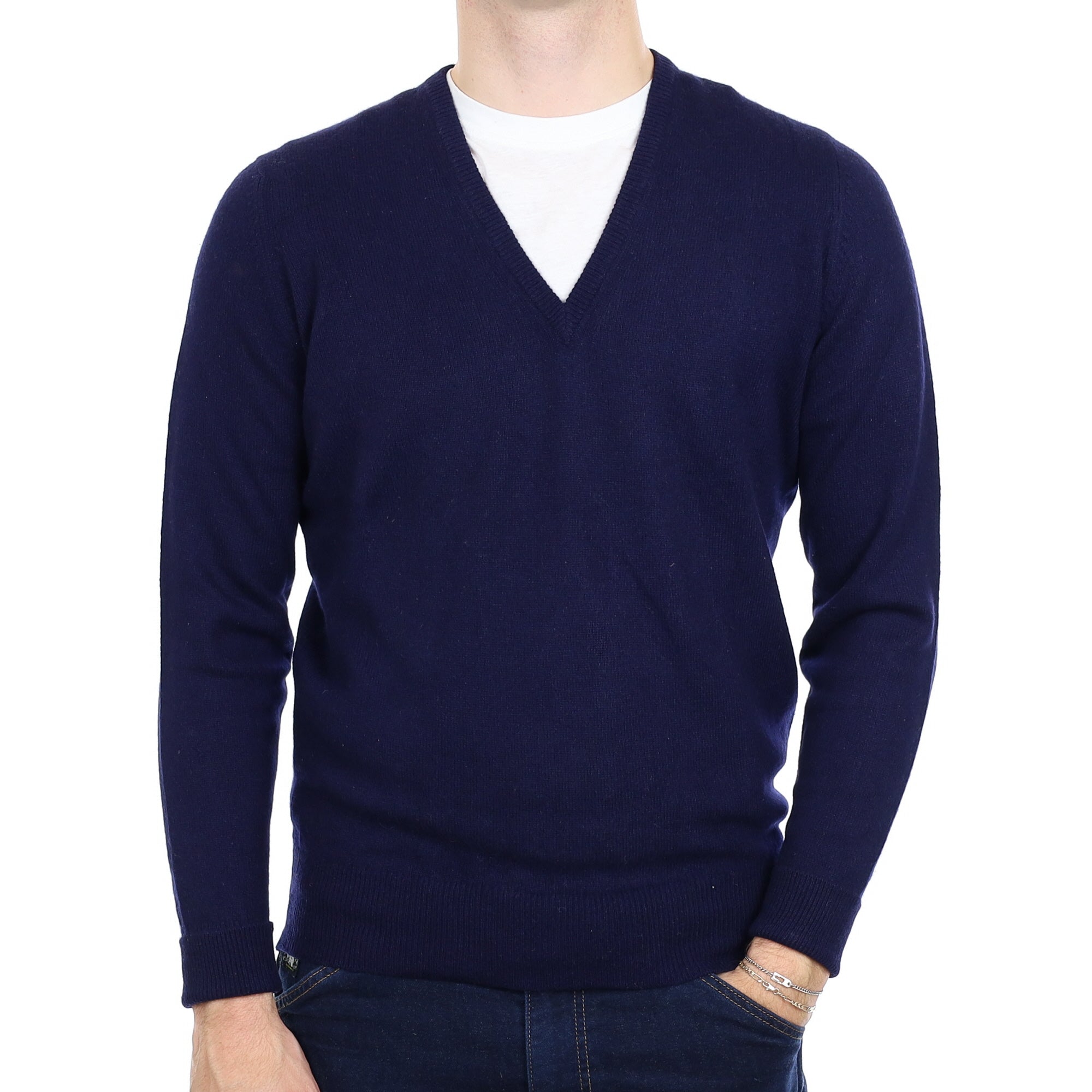 Men's Scottish Navy Cashmere V Neck Jumper Medium