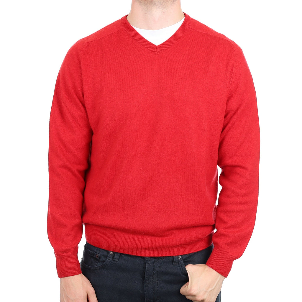 Men's Post Box Red Cashmere V Neck Jumper XL