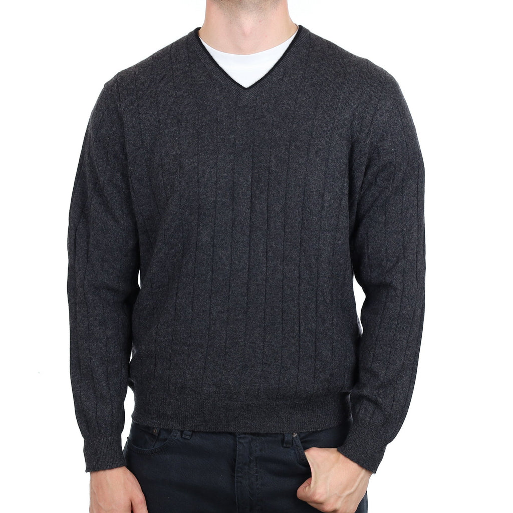 Men's Charcoal Grey Ribbed  Cashmere V Neck Jumper XL