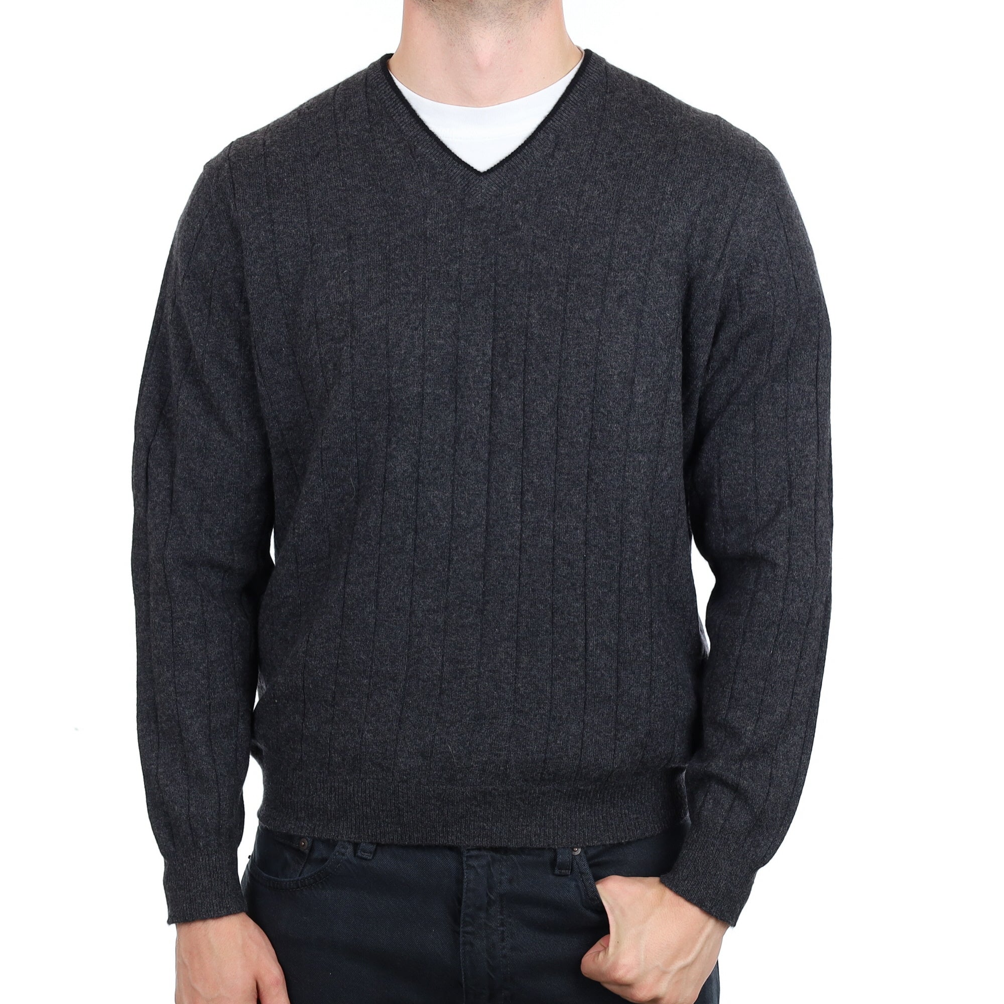 Men's Charcoal Grey Ribbed  Cashmere V Neck Jumper XL