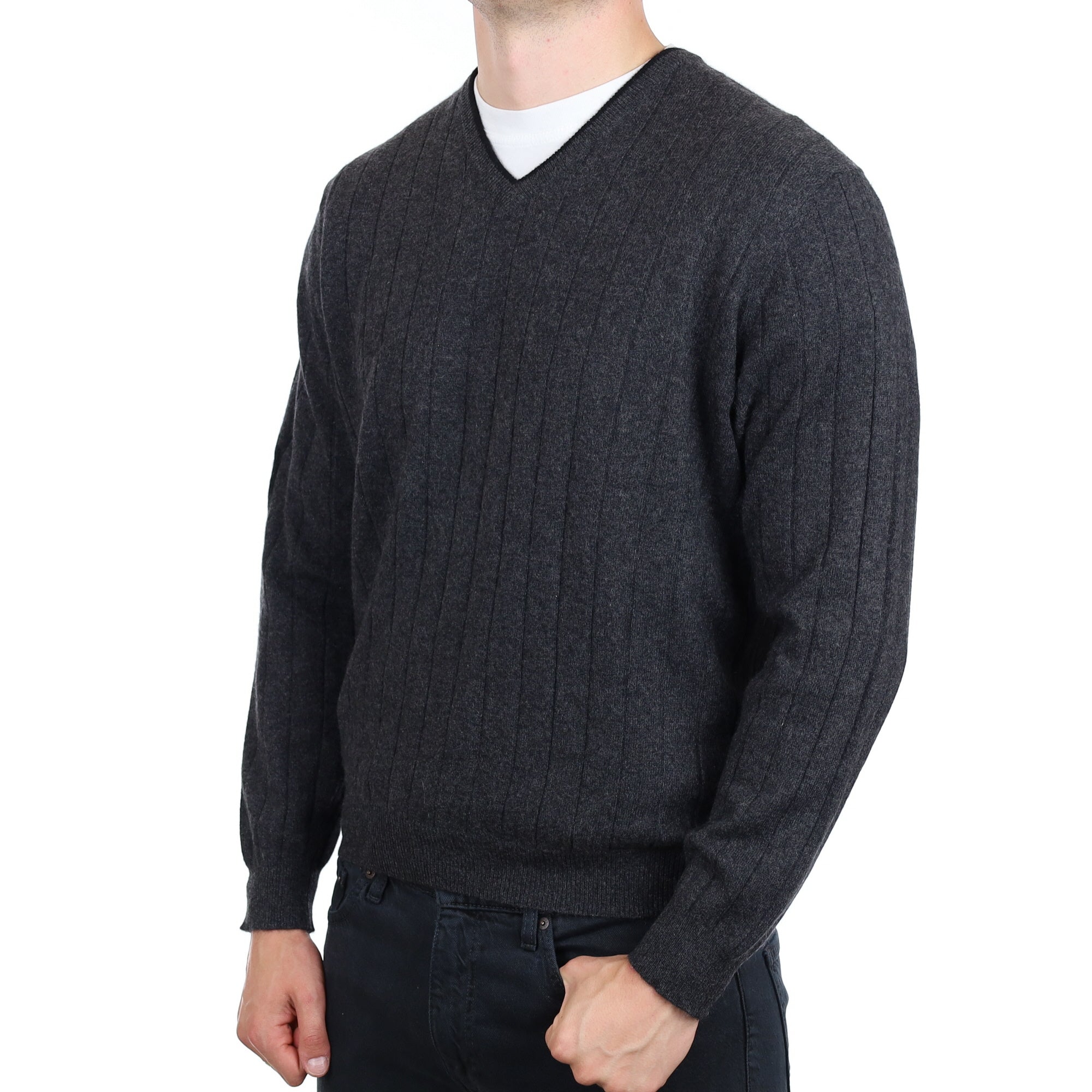 Men's Charcoal Grey Ribbed  Cashmere V Neck Jumper XL
