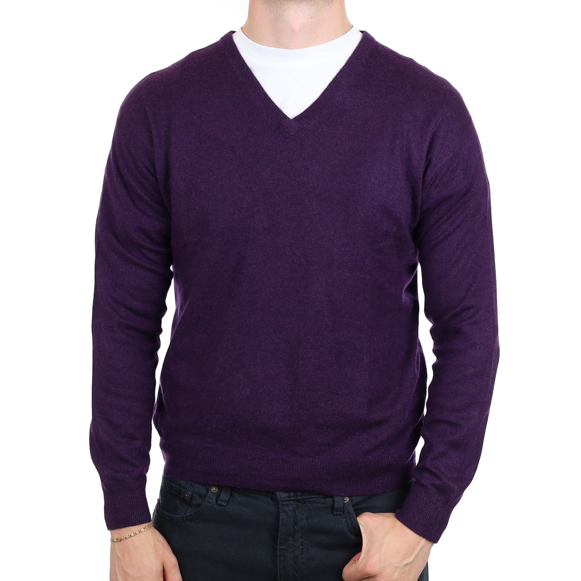 Men's Grape Purple Cashmere V Neck Jumper XL