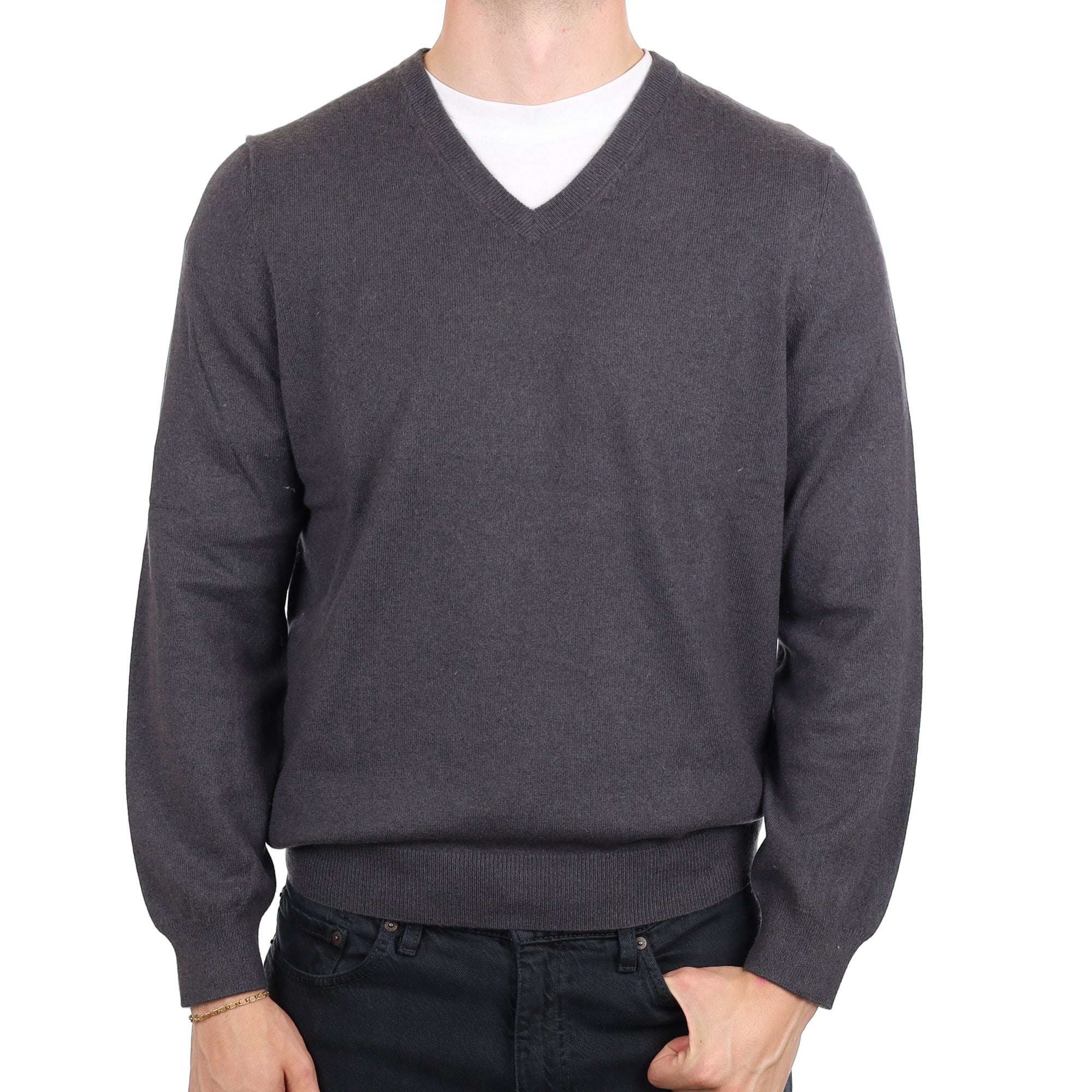 Men's Pebble Grey Cashmere V Neck Jumper XL