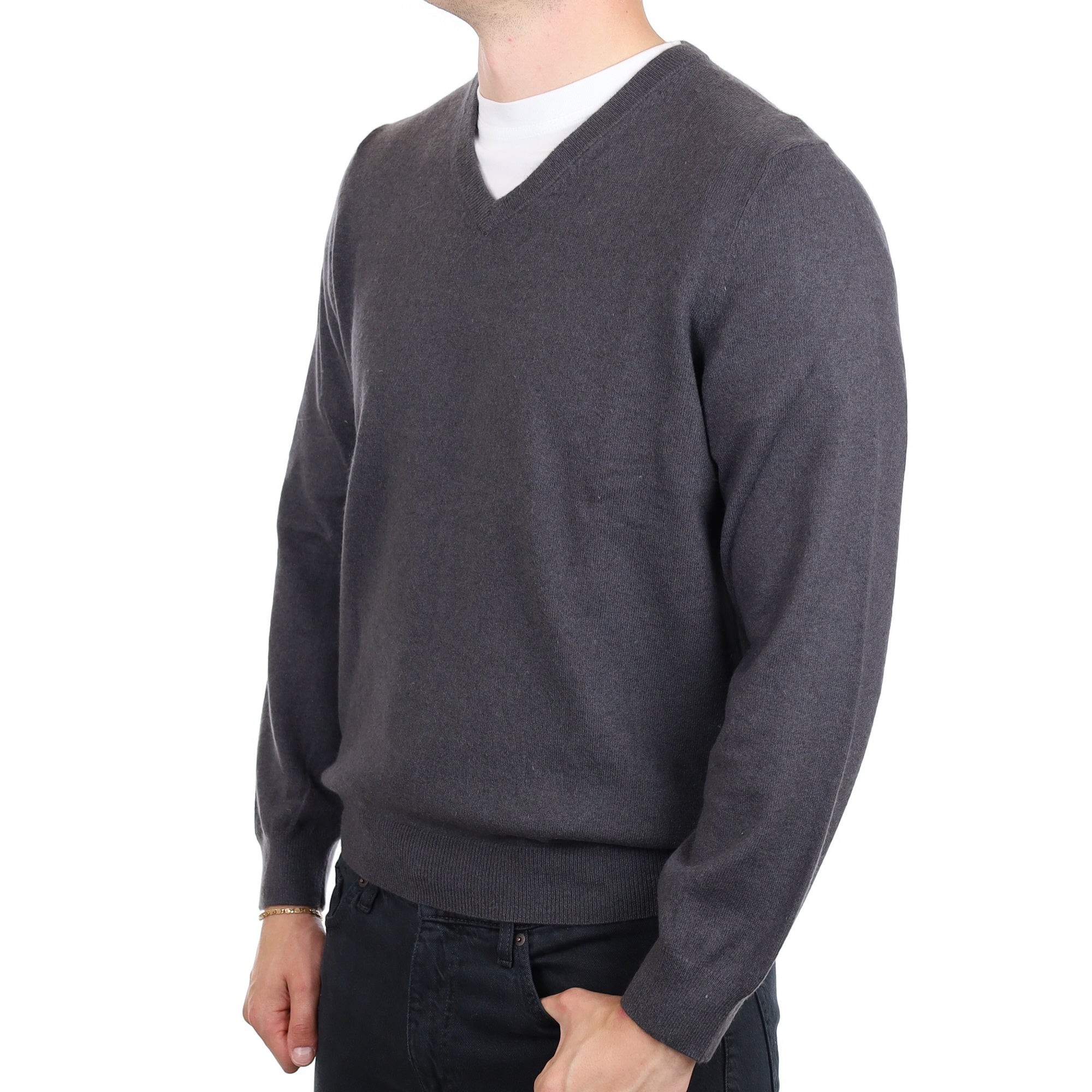 Men's Pebble Grey Cashmere V Neck Jumper XL