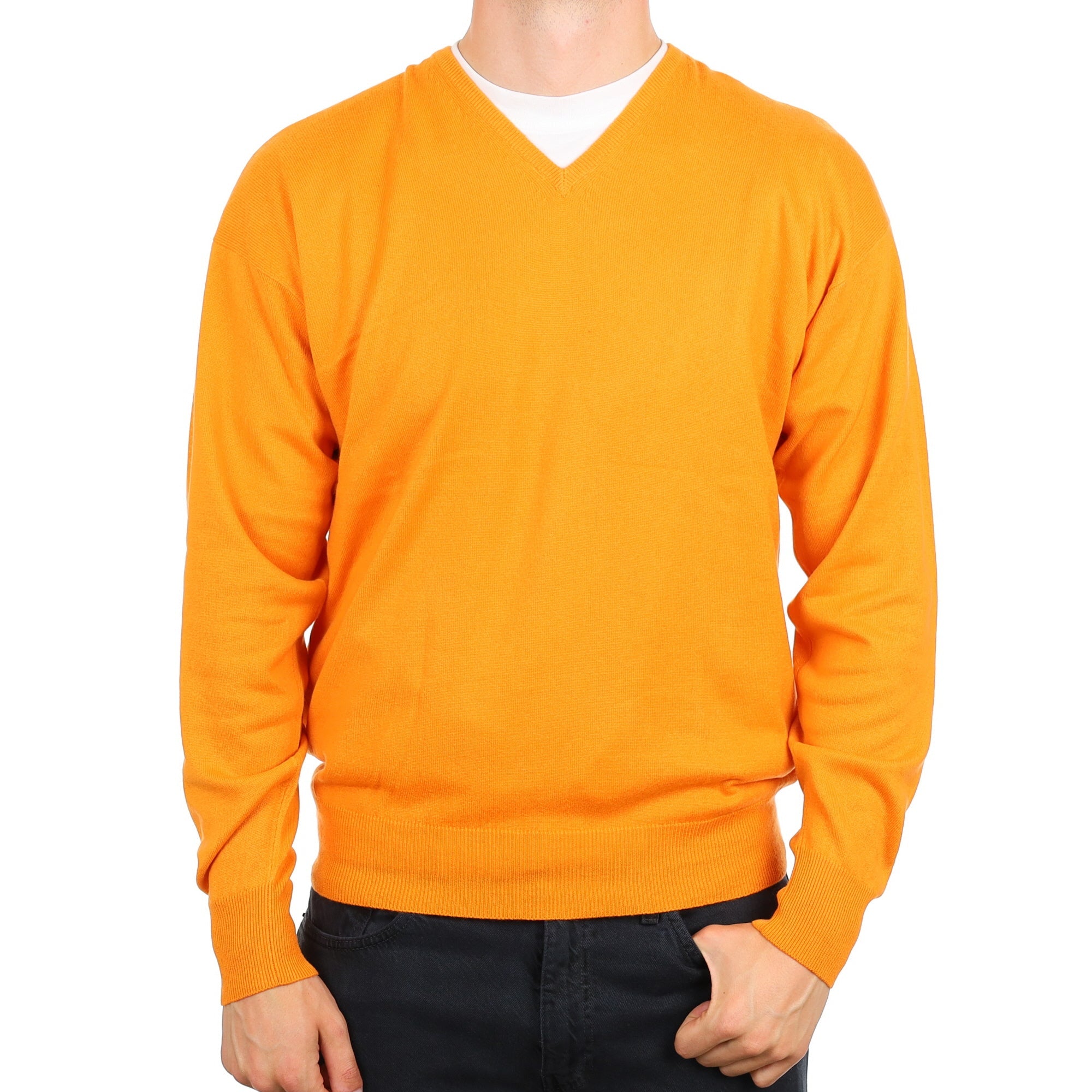 Men's Italian Tangerine Orange Cashmere V Neck Jumper XL
