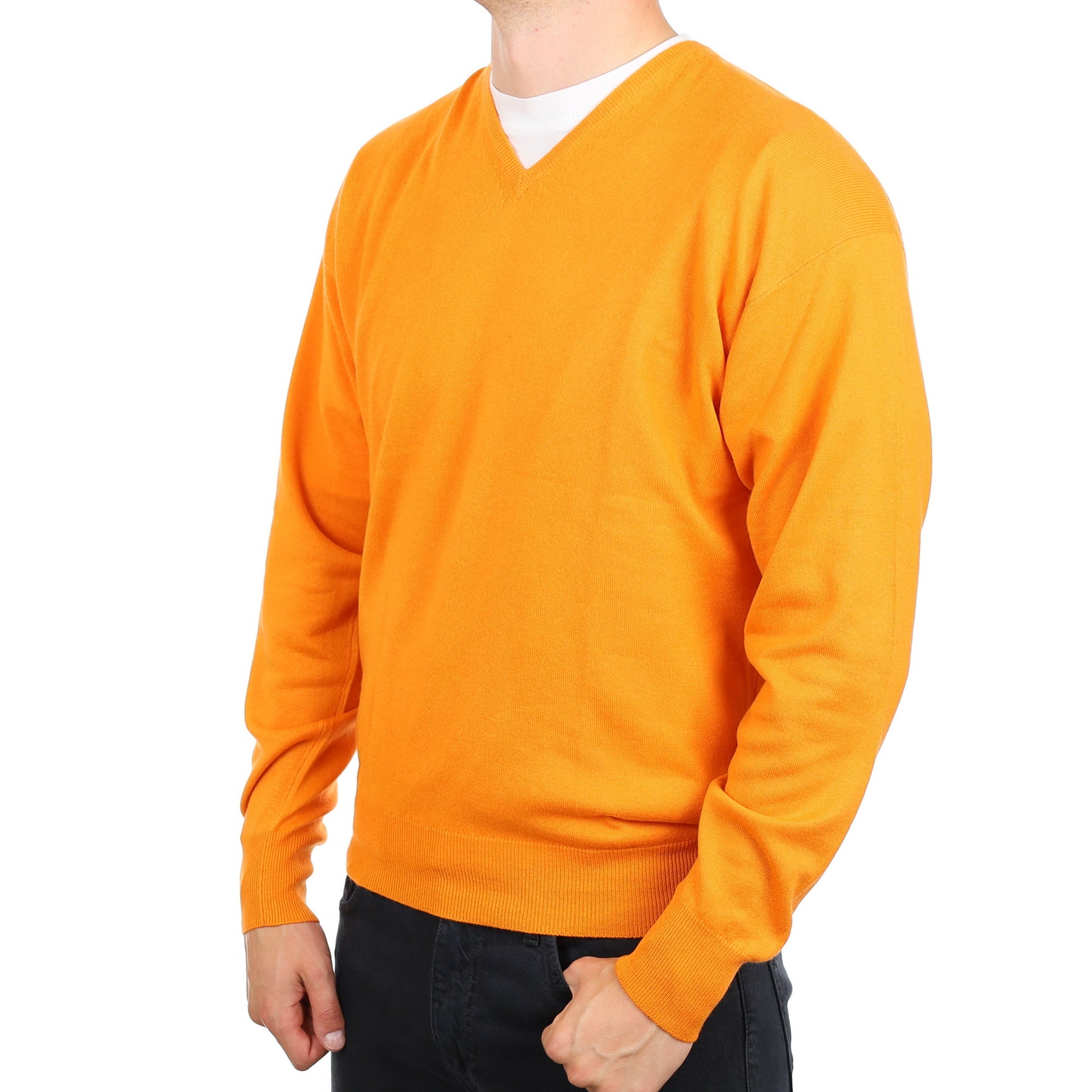 Men's Italian Tangerine Orange Cashmere V Neck Jumper XL