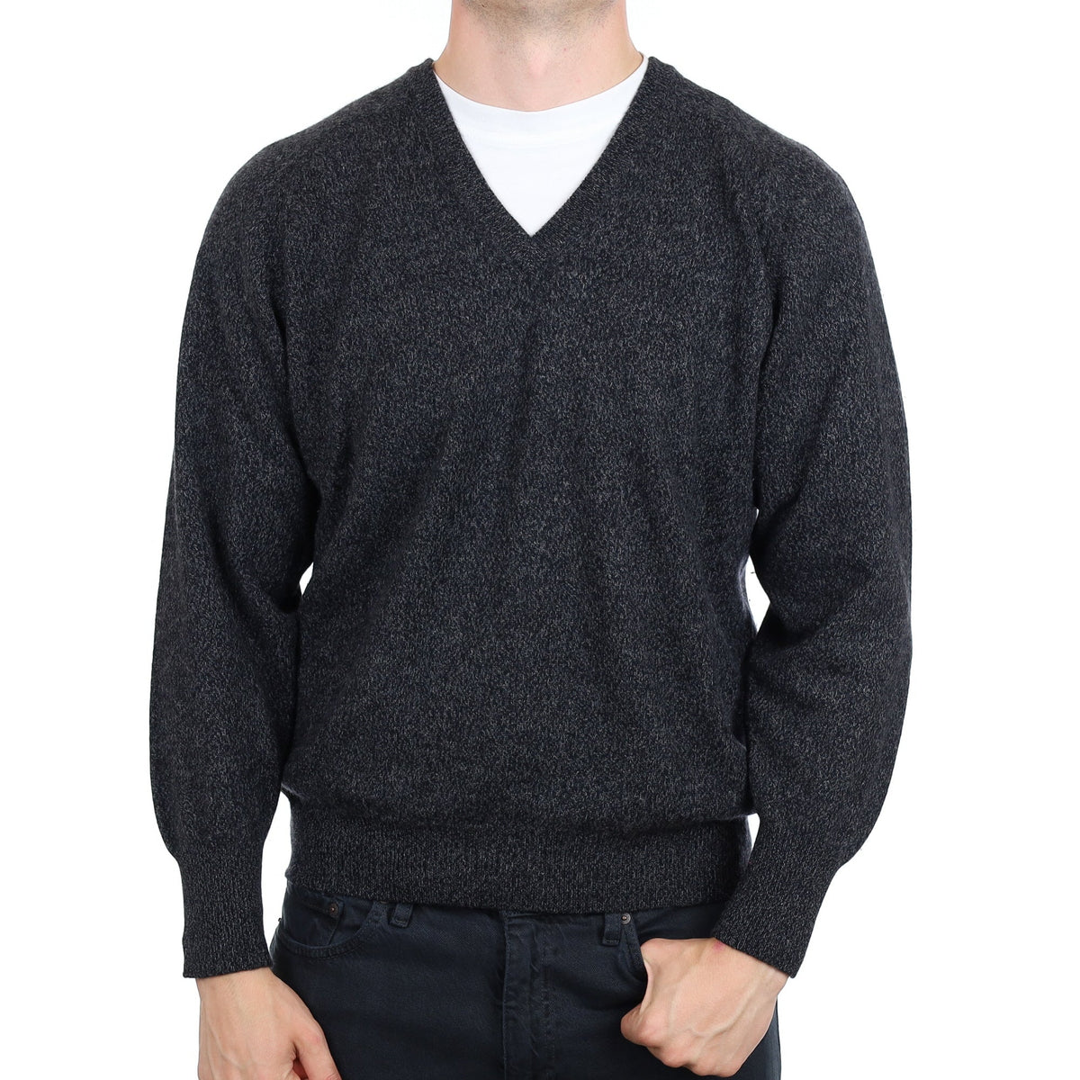 Men's Graphite Grey Marl Cashmere V Neck Jumper XL
