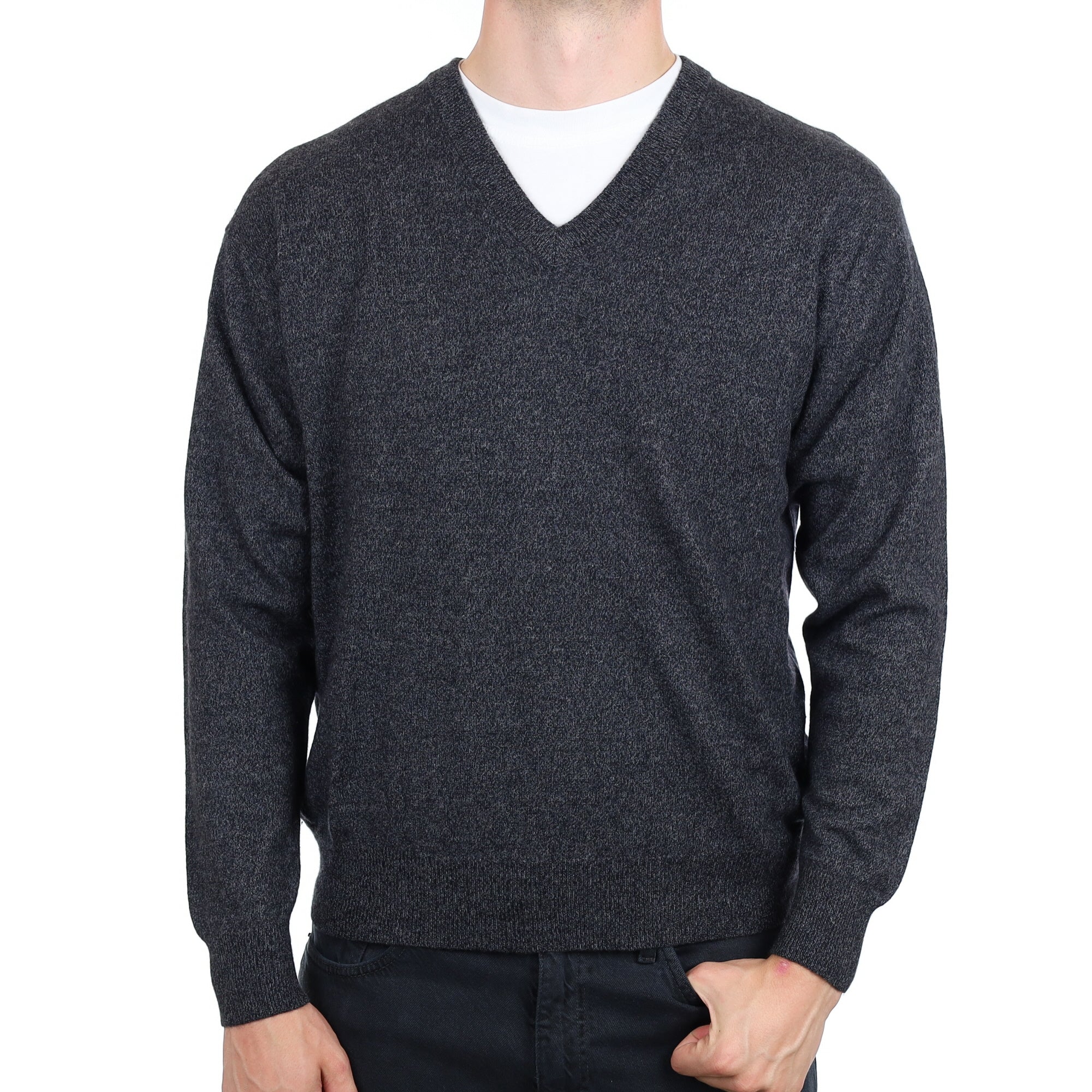 Men's Graphite Grey Marl Cashmere V Neck Jumper XL