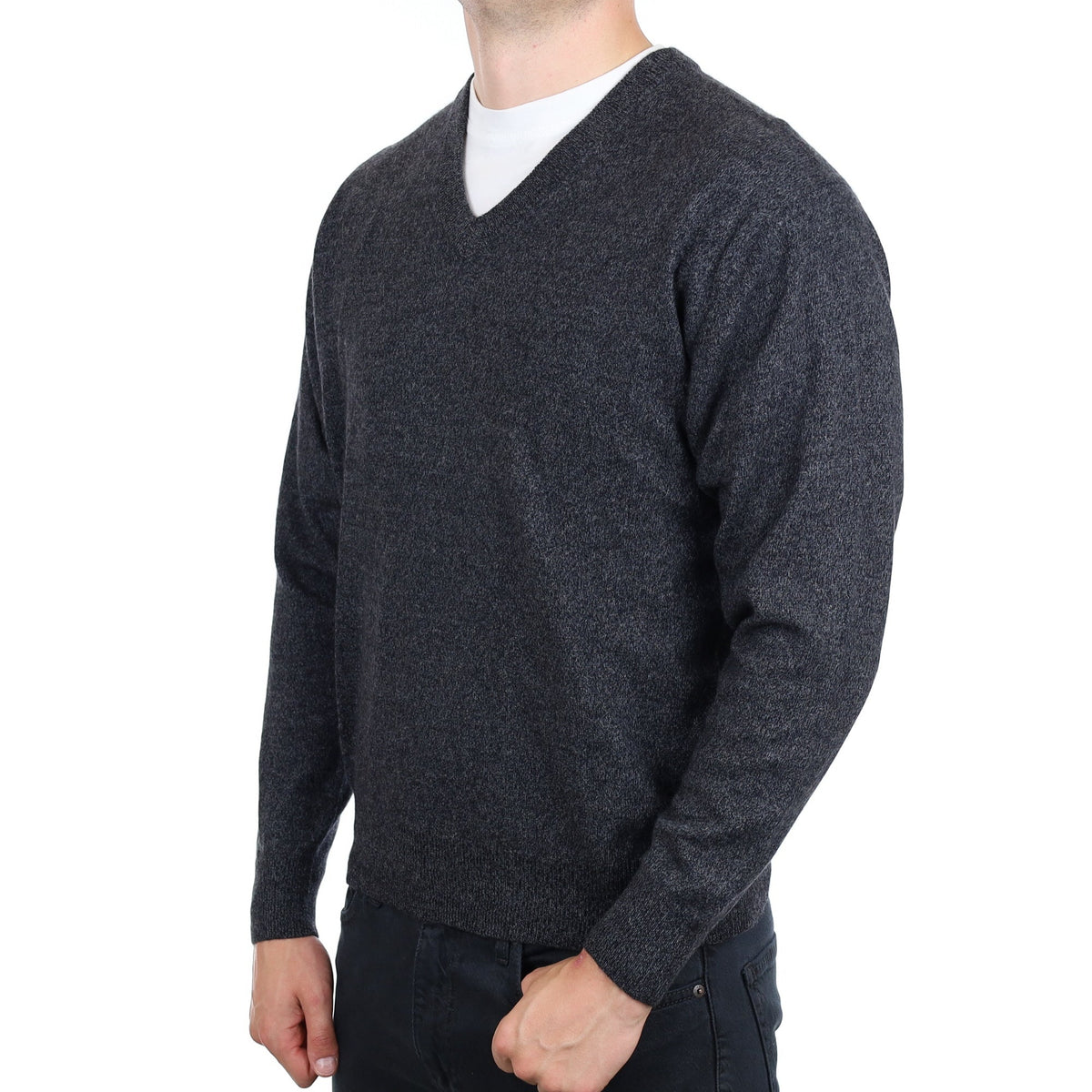 Men's Graphite Grey Marl Cashmere V Neck Jumper XL