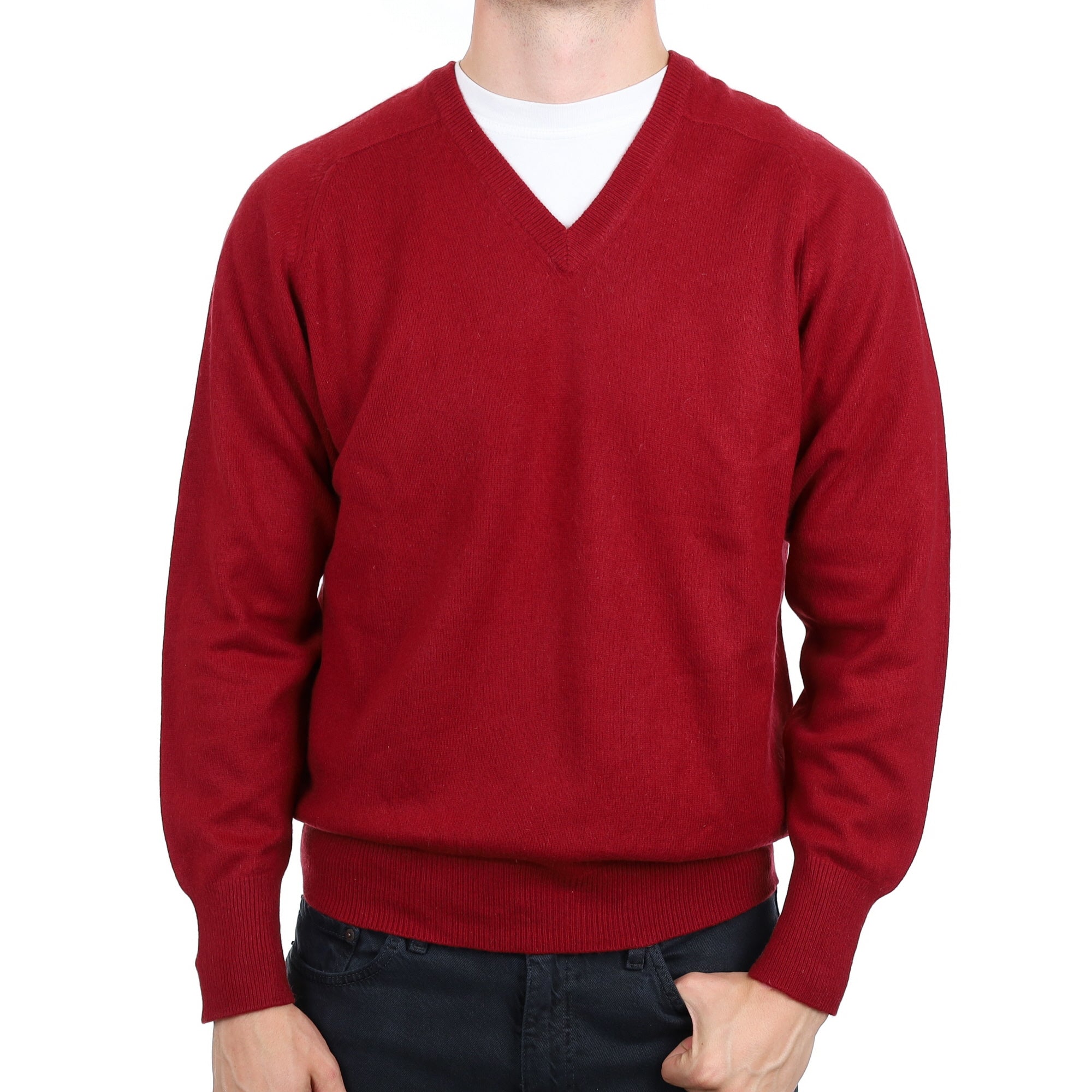 Men's Burgundy Red Cashmere V Neck Jumper XL