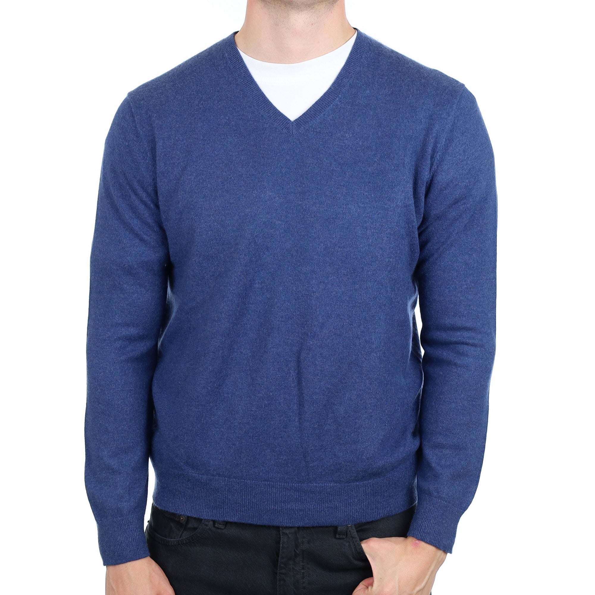 Men's Denim Blue Cashmere V Neck Jumper XL