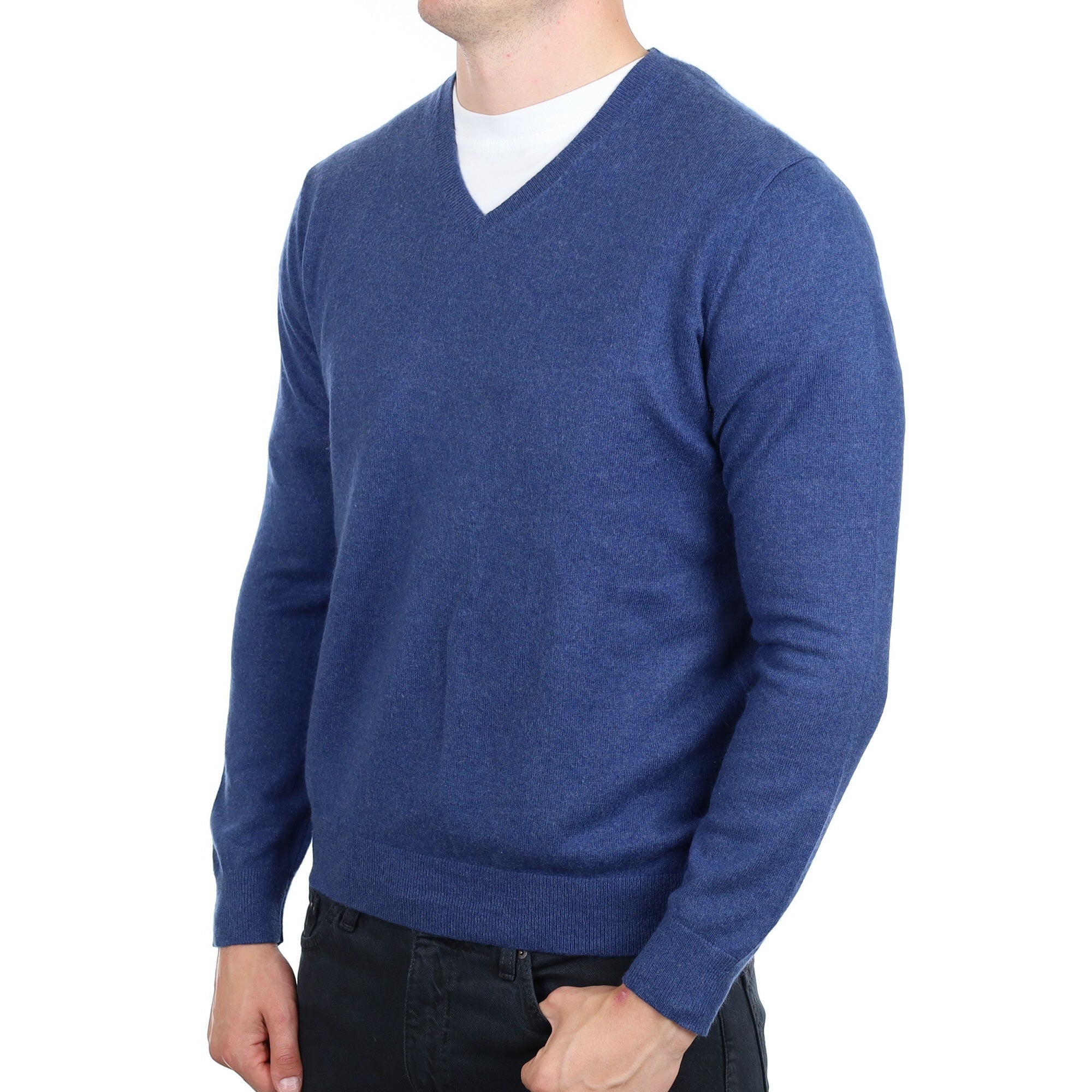 Men's Denim Blue Cashmere V Neck Jumper XL