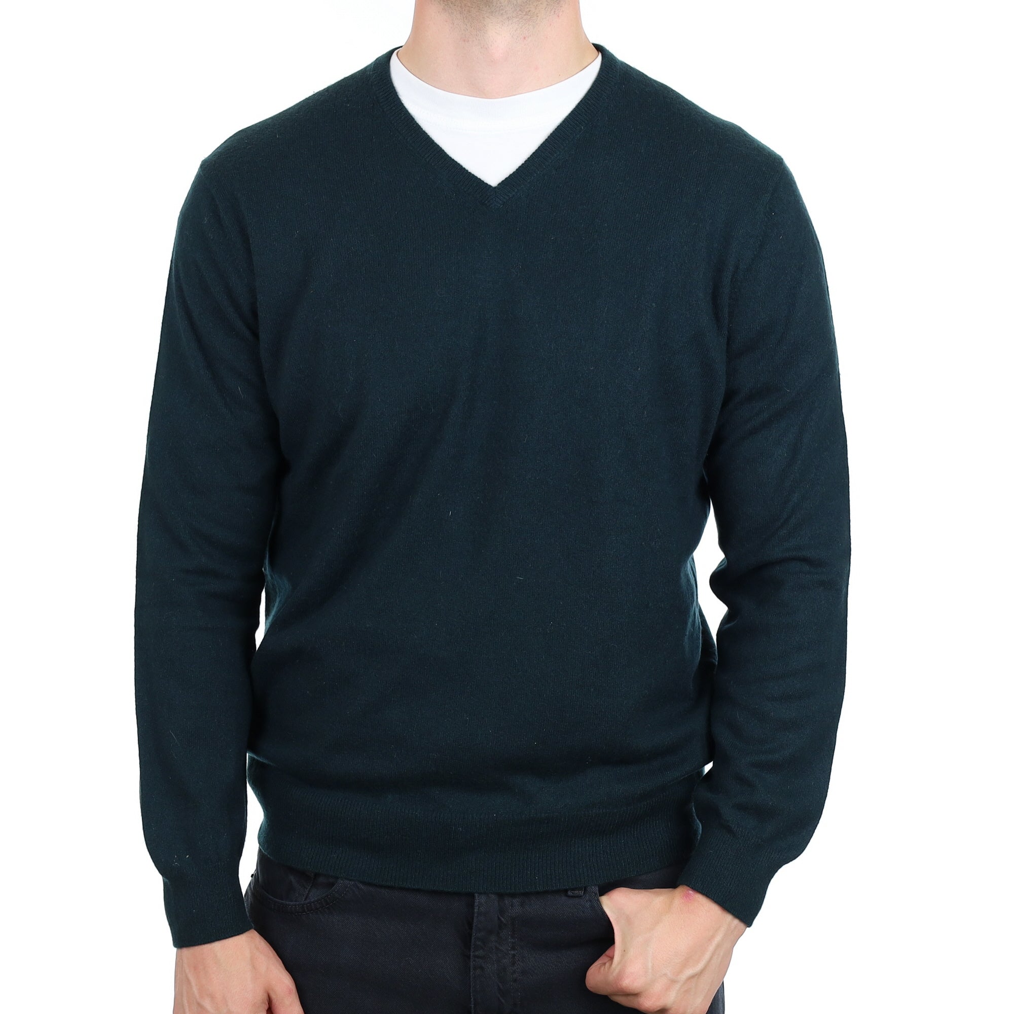 Men's Bottle Green Cashmere V Neck Jumper XL