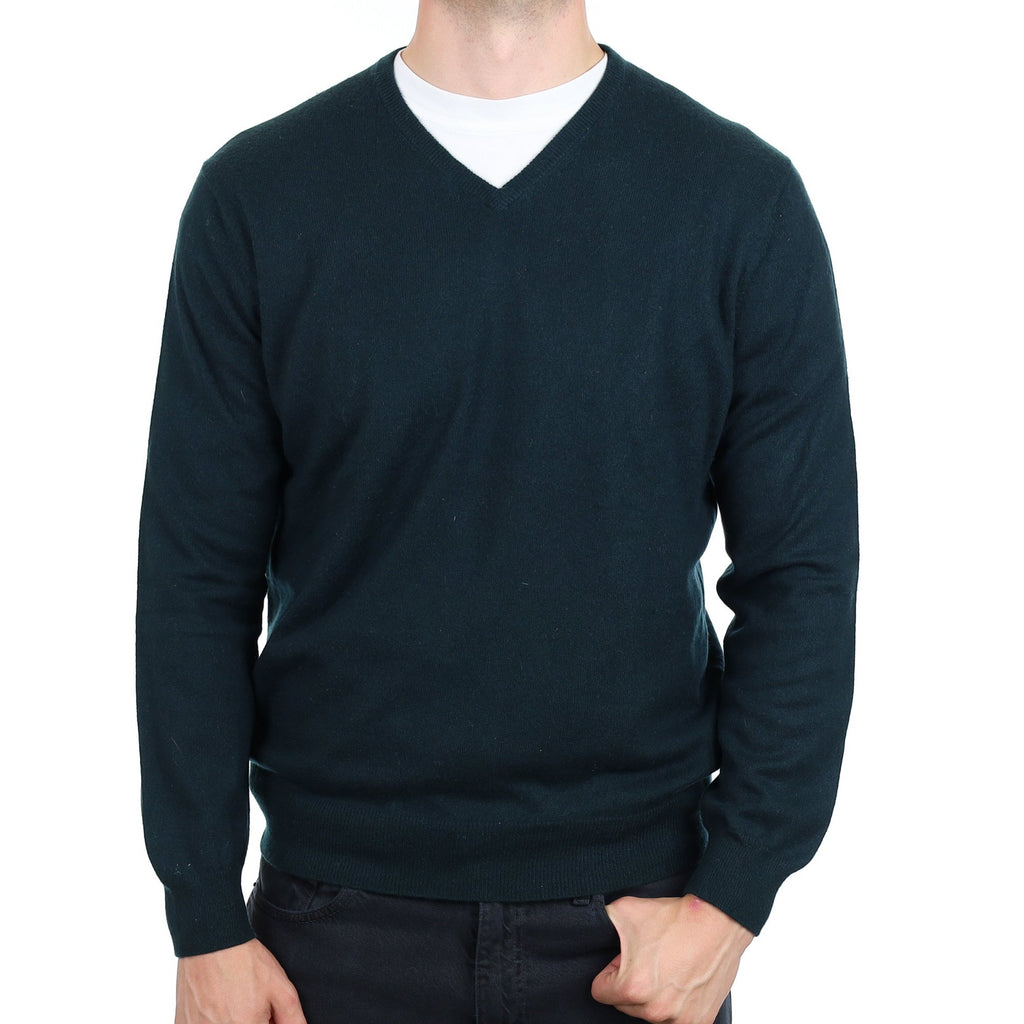 Men's Bottle Green Cashmere V Neck Jumper XL
