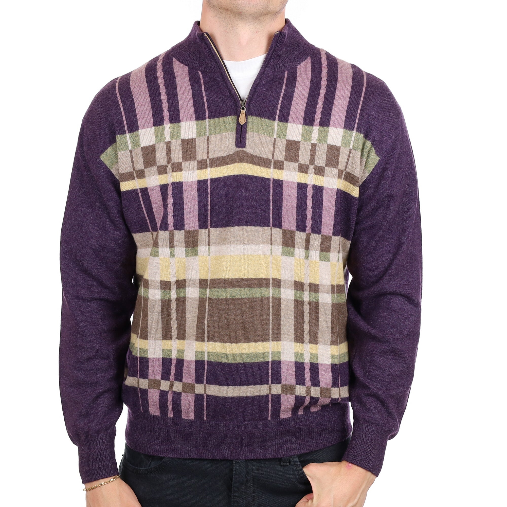Men's Purple Patterned Quarter Zip Cashmere Turtle Neck Jumper XL