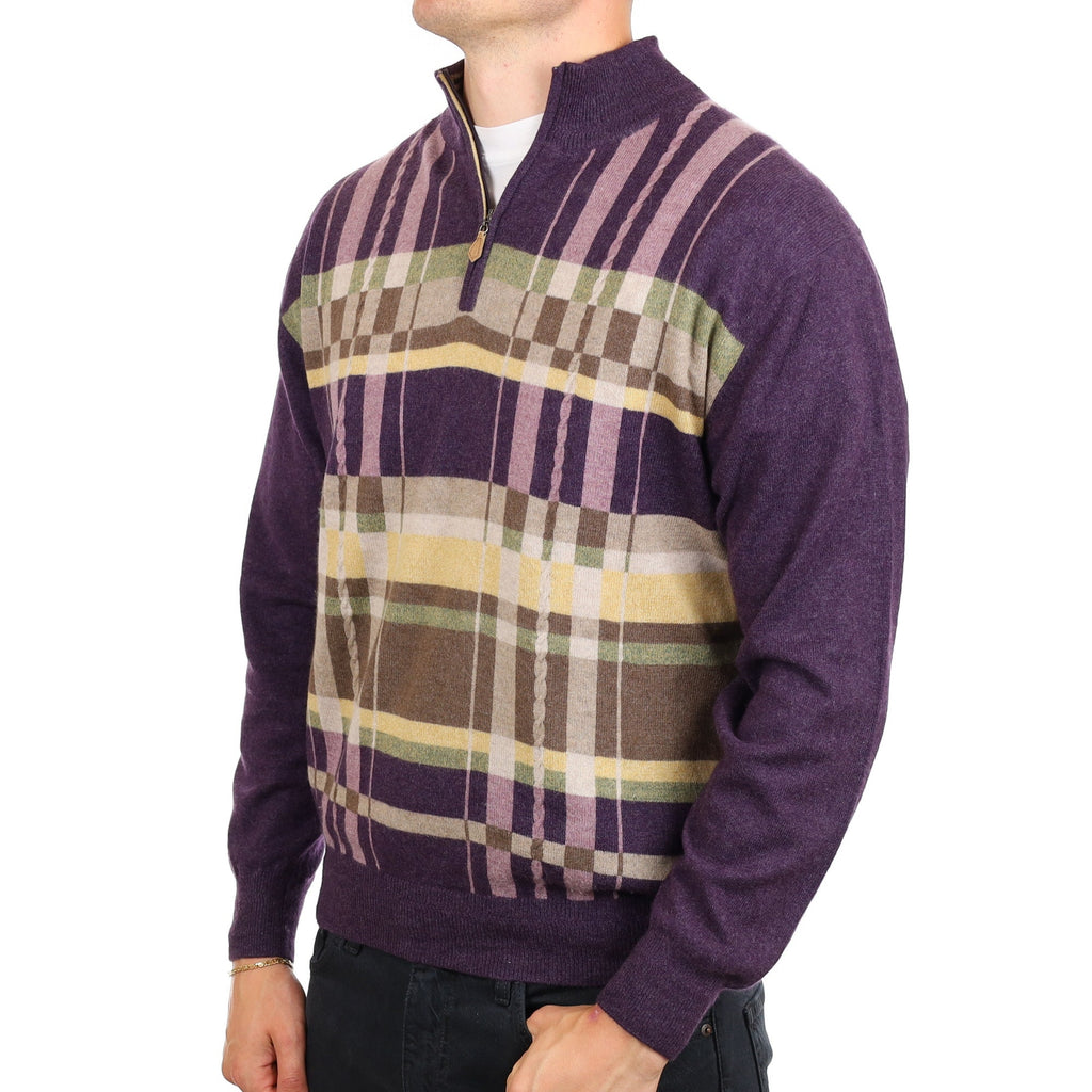 Men's Purple Patterned Quarter Zip Cashmere Turtle Neck Jumper XL