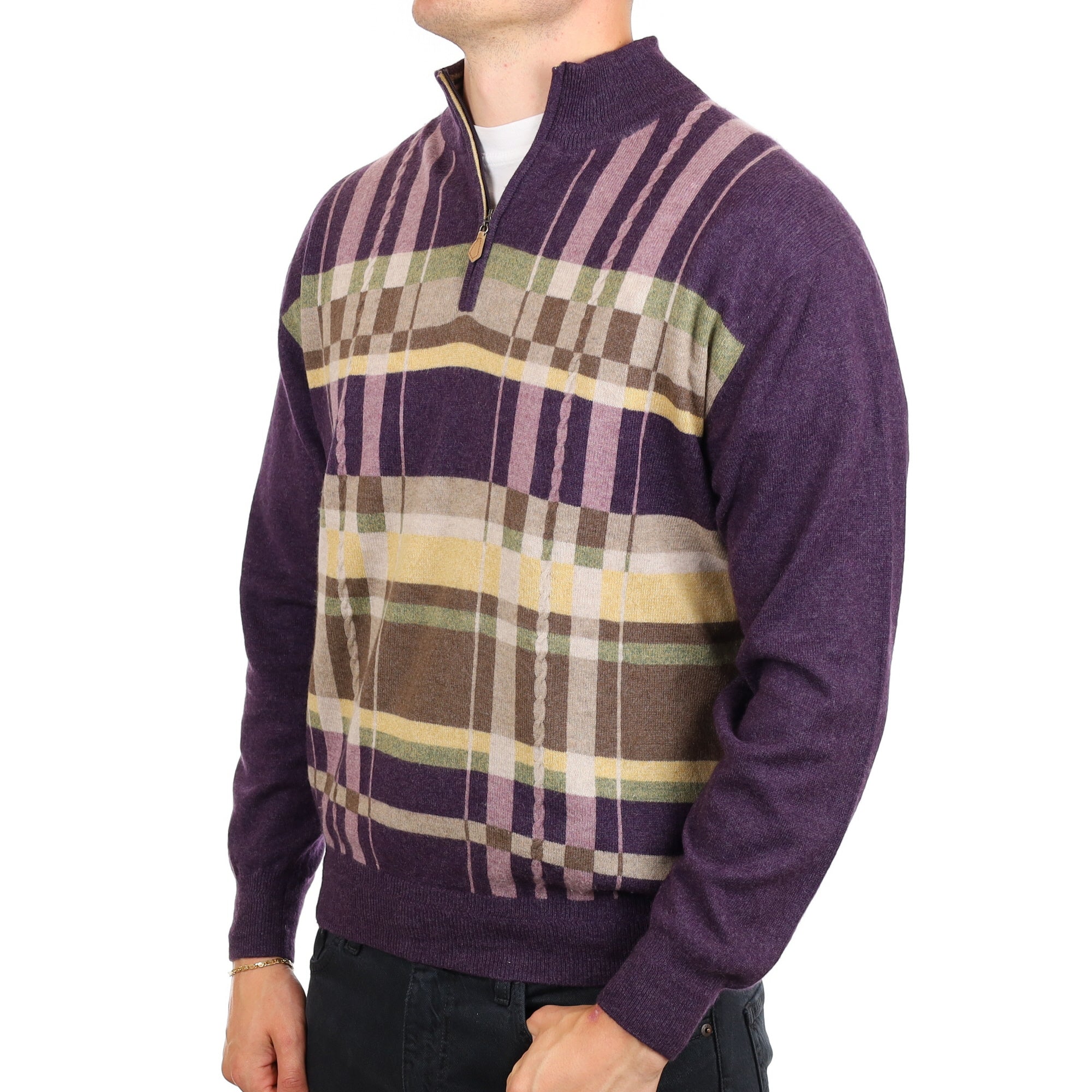 Men's Purple Patterned Quarter Zip Cashmere Turtle Neck Jumper XL
