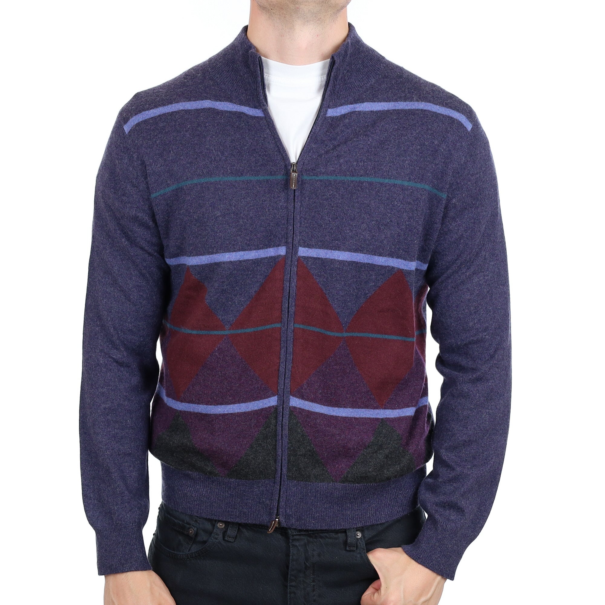 Men's Italian Blue Pattern Cashmere Zip Up Turtle  Neck Cardigan XL