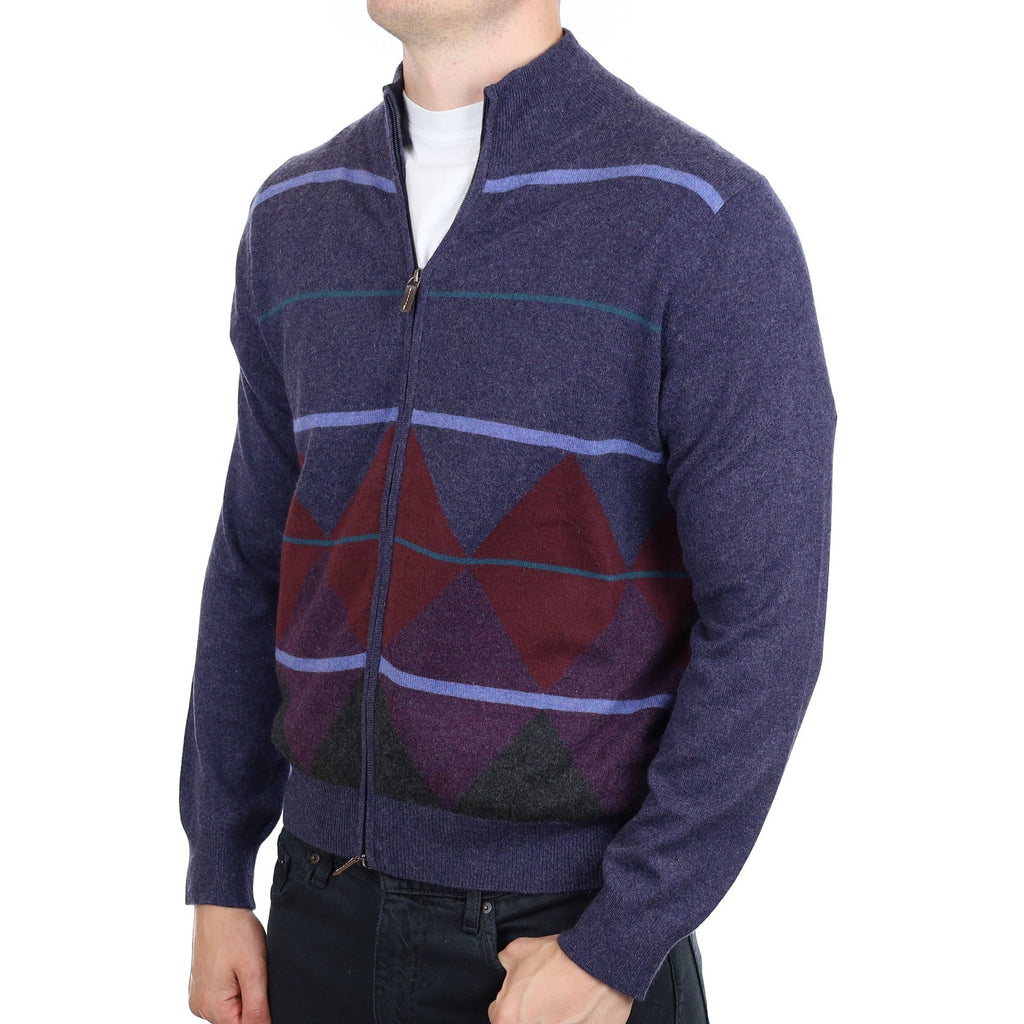 Men's Italian Blue Pattern Cashmere Zip Up Turtle  Neck Cardigan XL