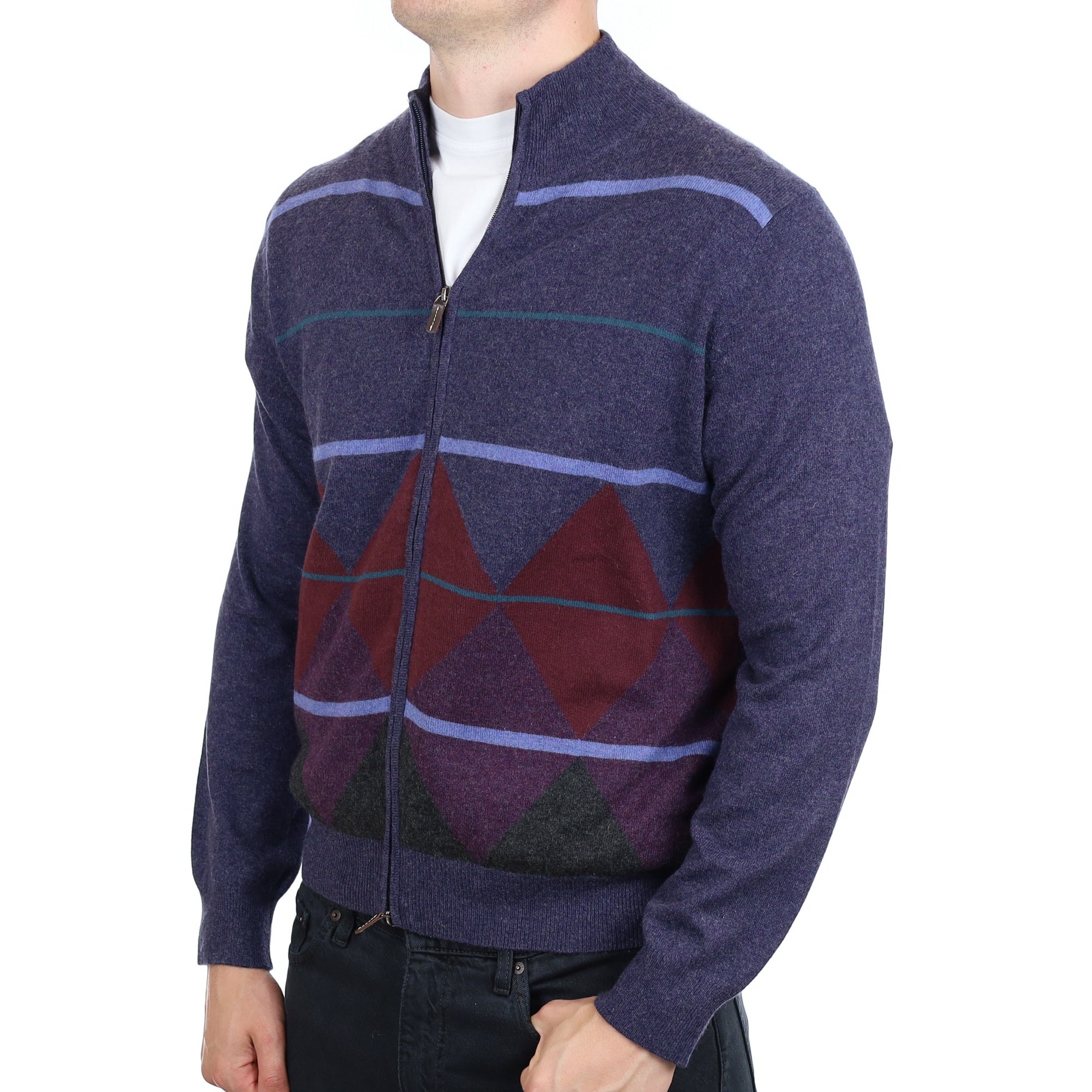Men's Italian Blue Pattern Cashmere Zip Up Turtle  Neck Cardigan XL