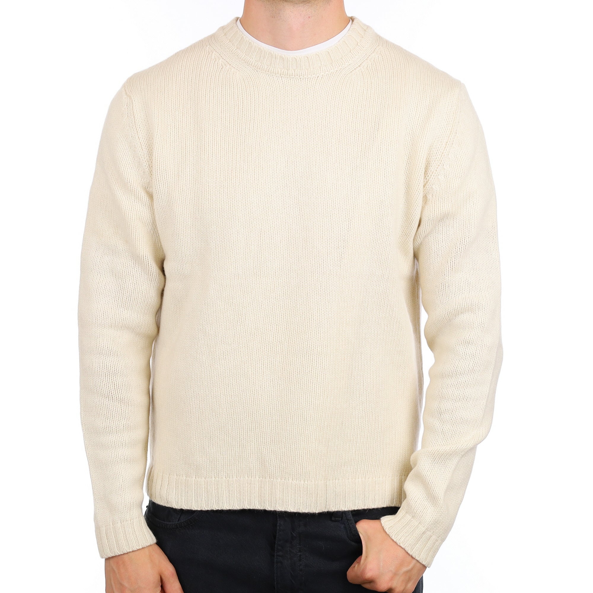 Men's Italian Ivory Chunky Knit Cashmere Crew Neck Jumper XL