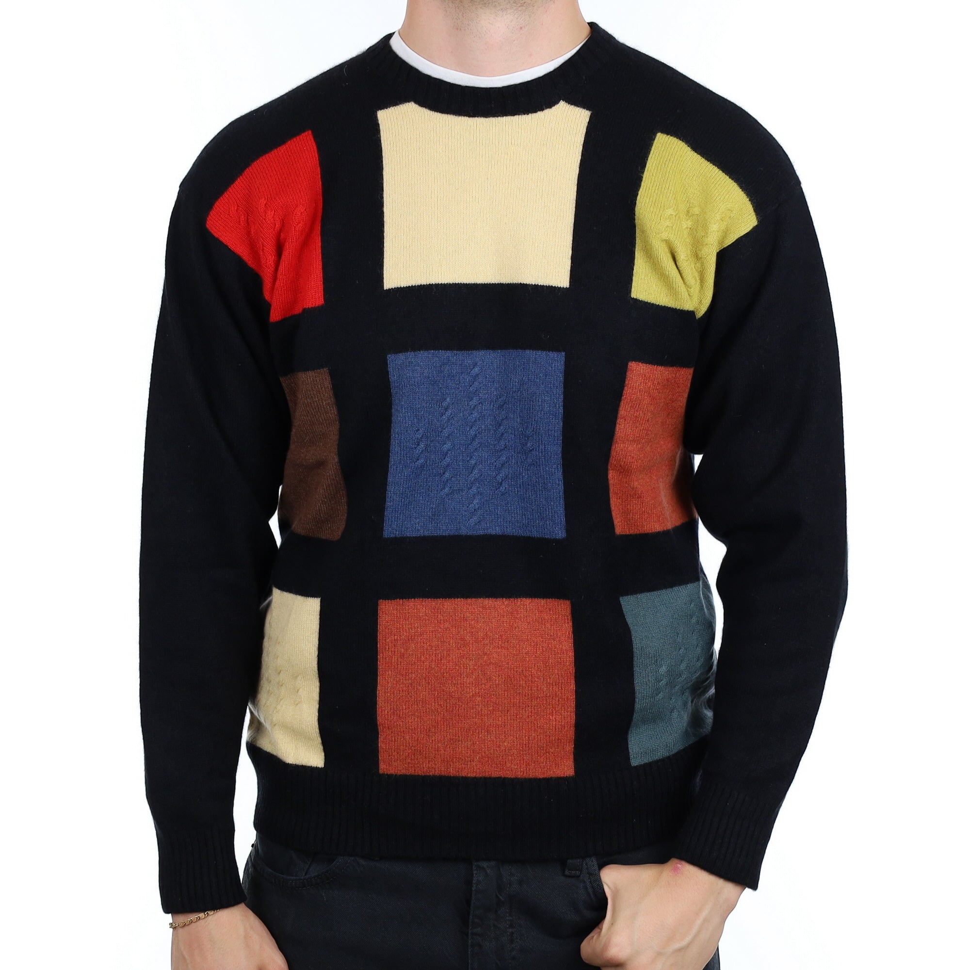 Men's Black Patterned Cashmere Crew Neck Jumper XL