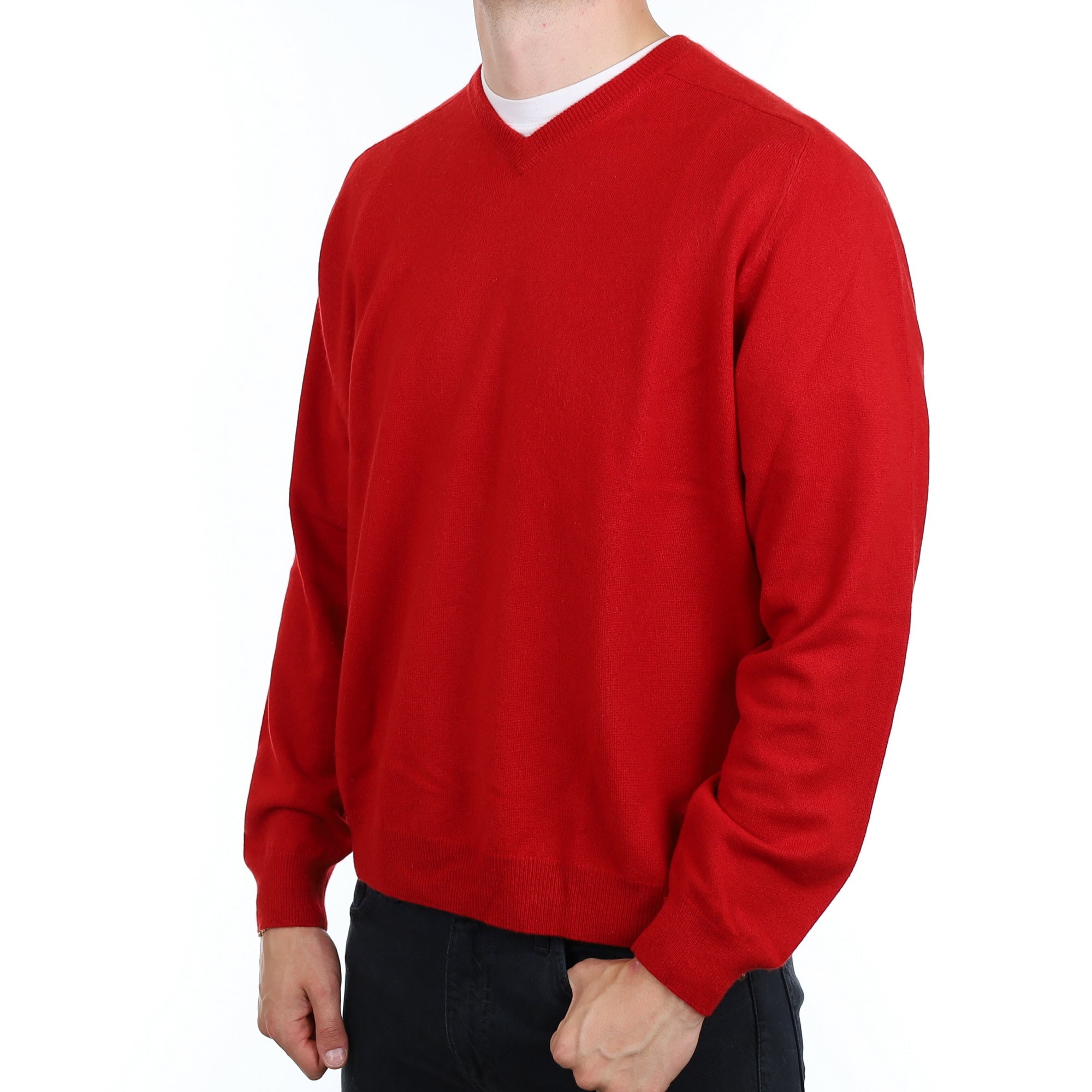 Men's Post Box Red Cashmere V Neck Jumper XXL