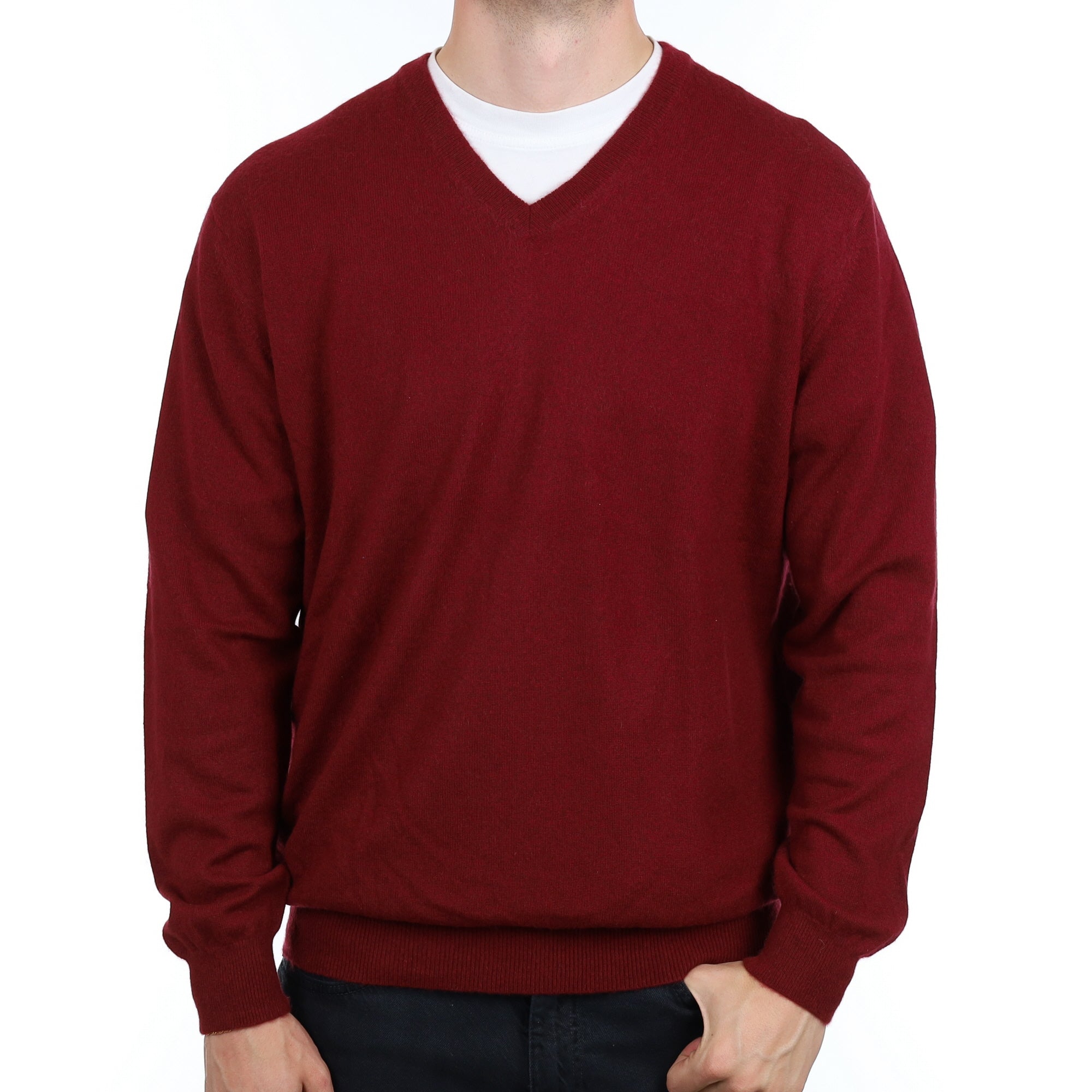 Men's Burgundy Red  Cashmere V Neck Jumper XXL