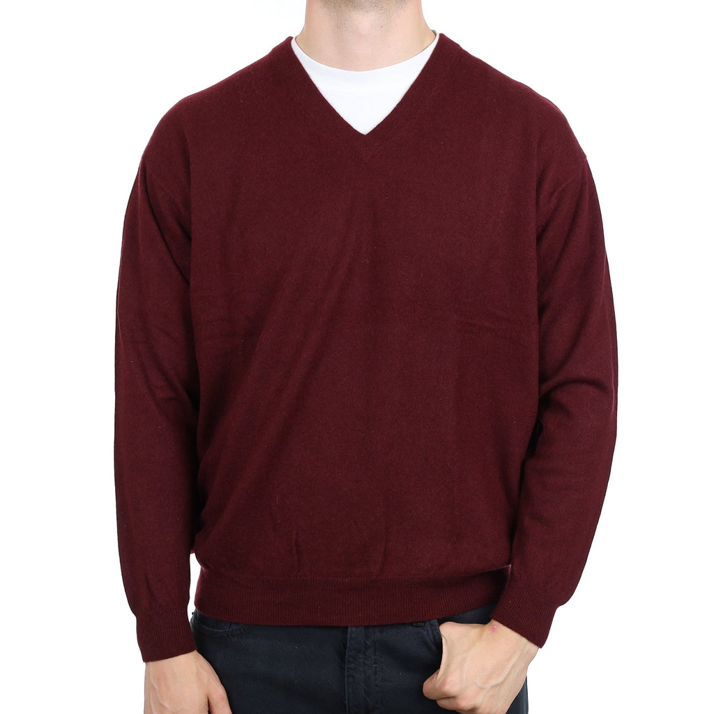 Men's Wine Red Cashmere V Neck Jumper XXL