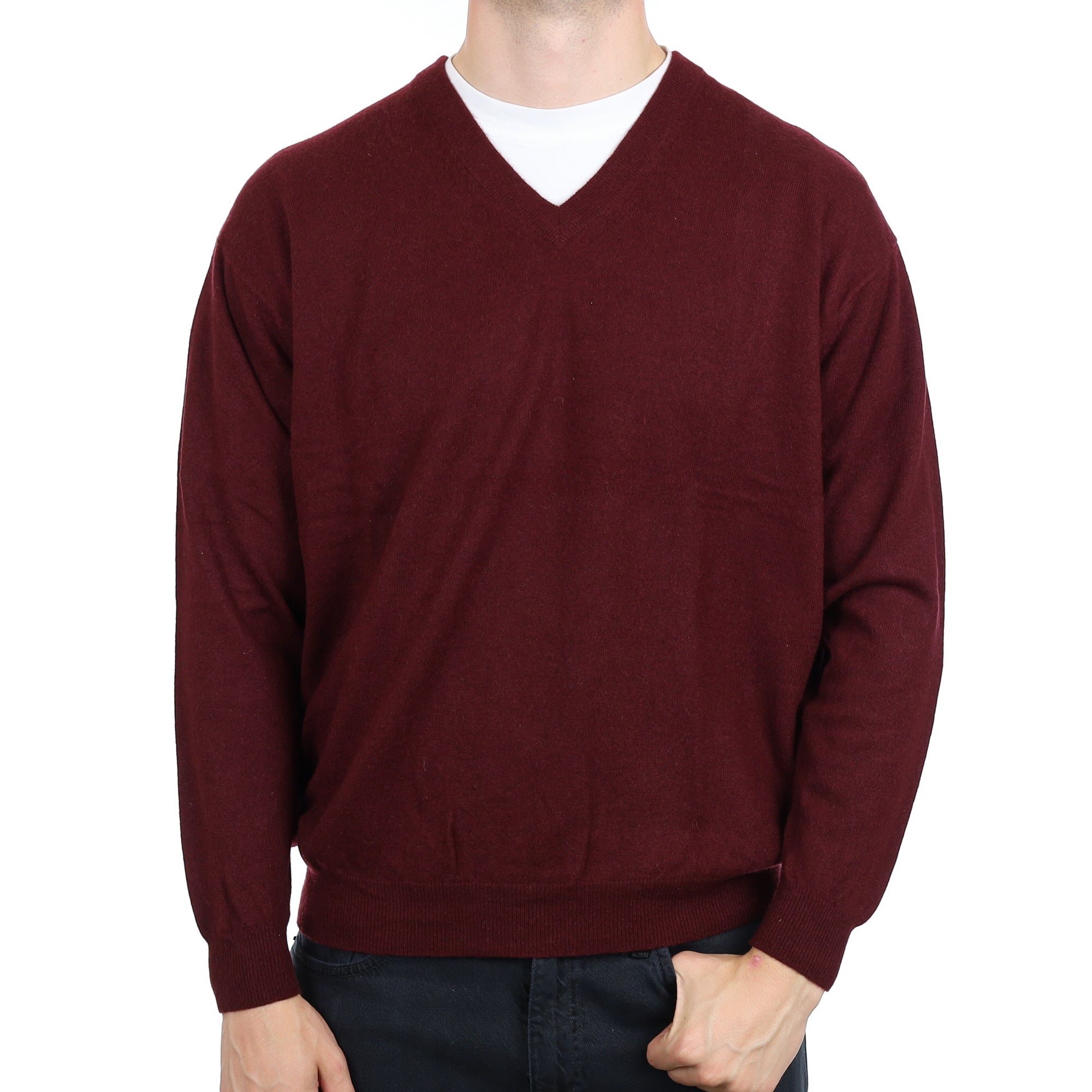 Men's Wine Red Cashmere V Neck Jumper XXL