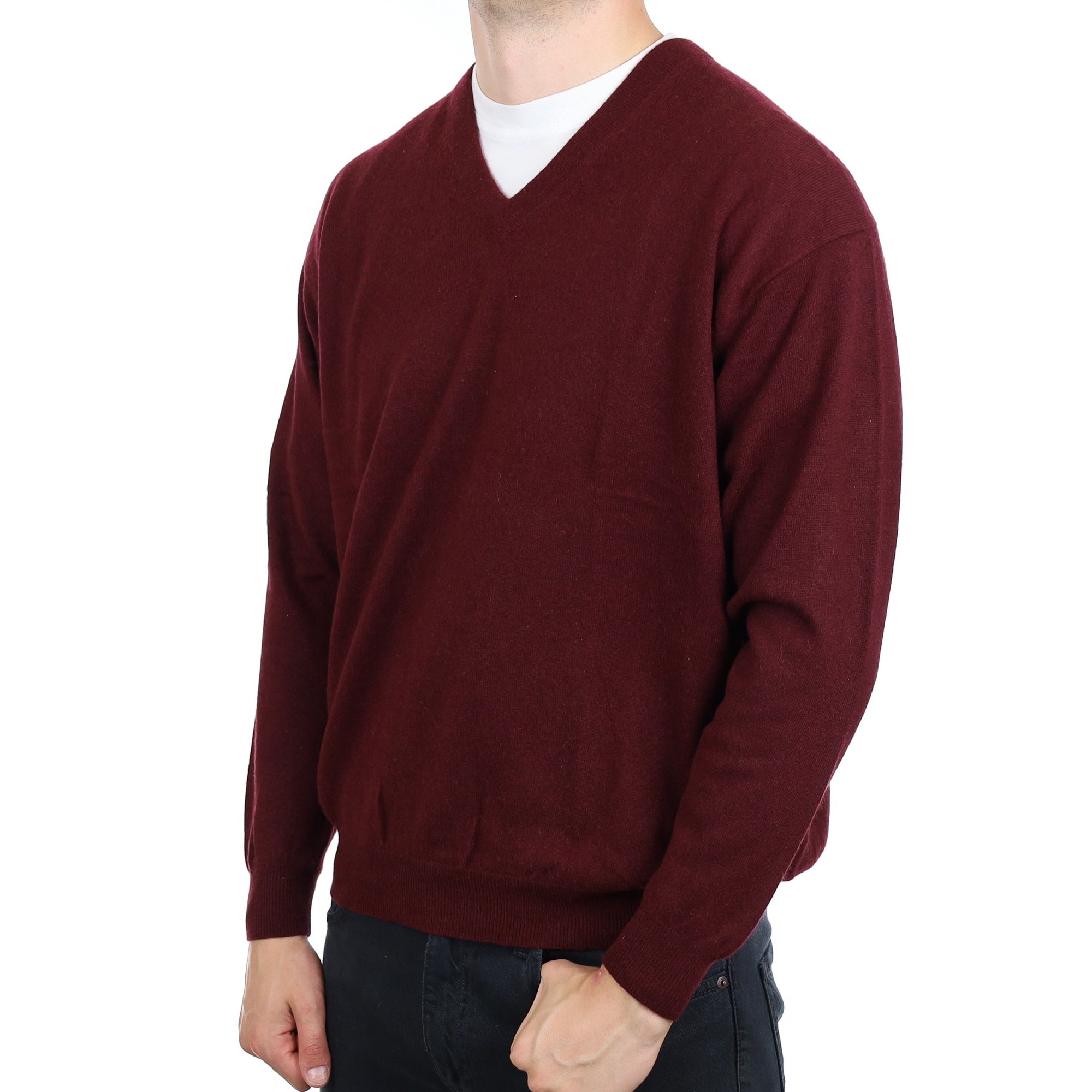 Men's Wine Red Cashmere V Neck Jumper XXL