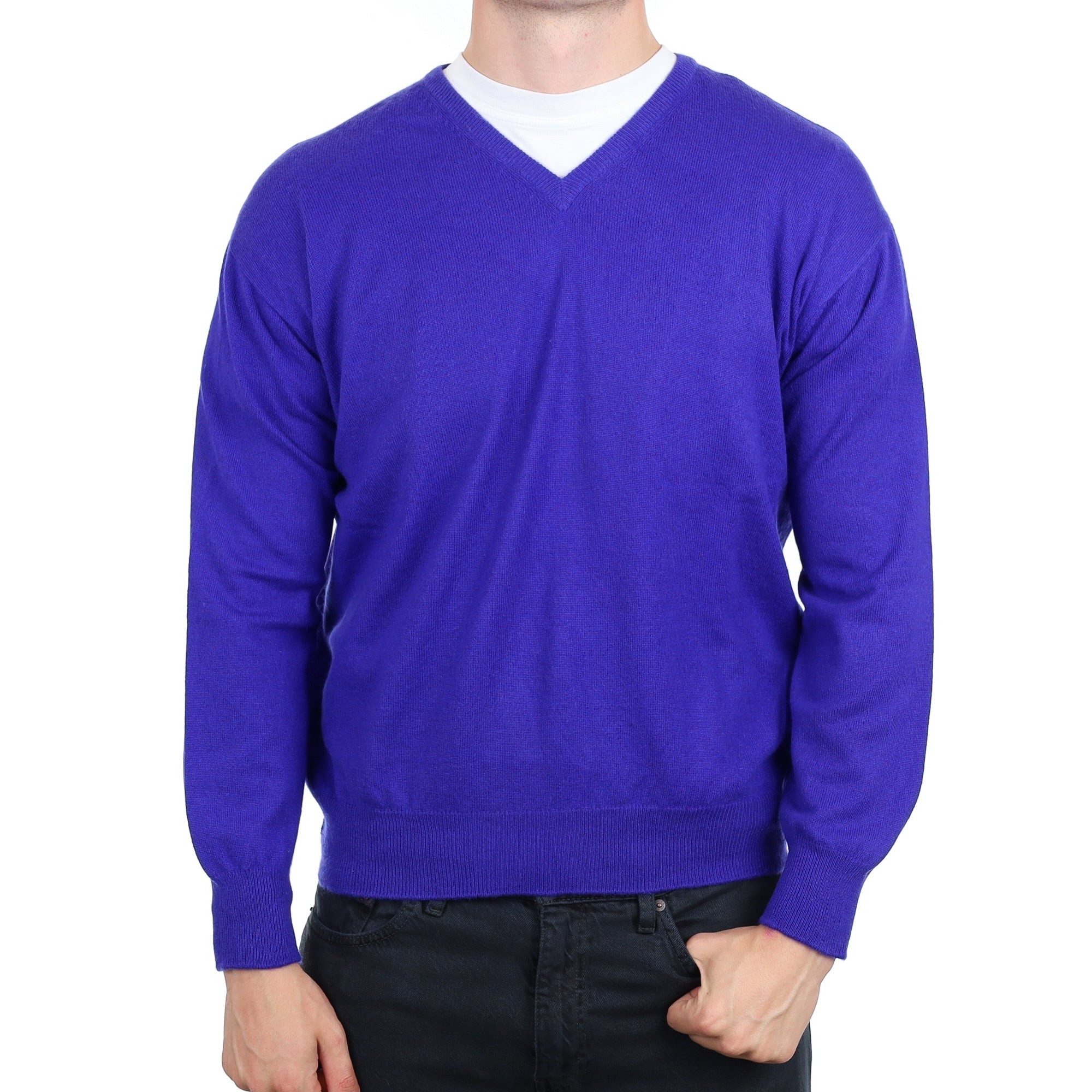 Men's Bright Purple Cashmere V Neck Jumper XXL