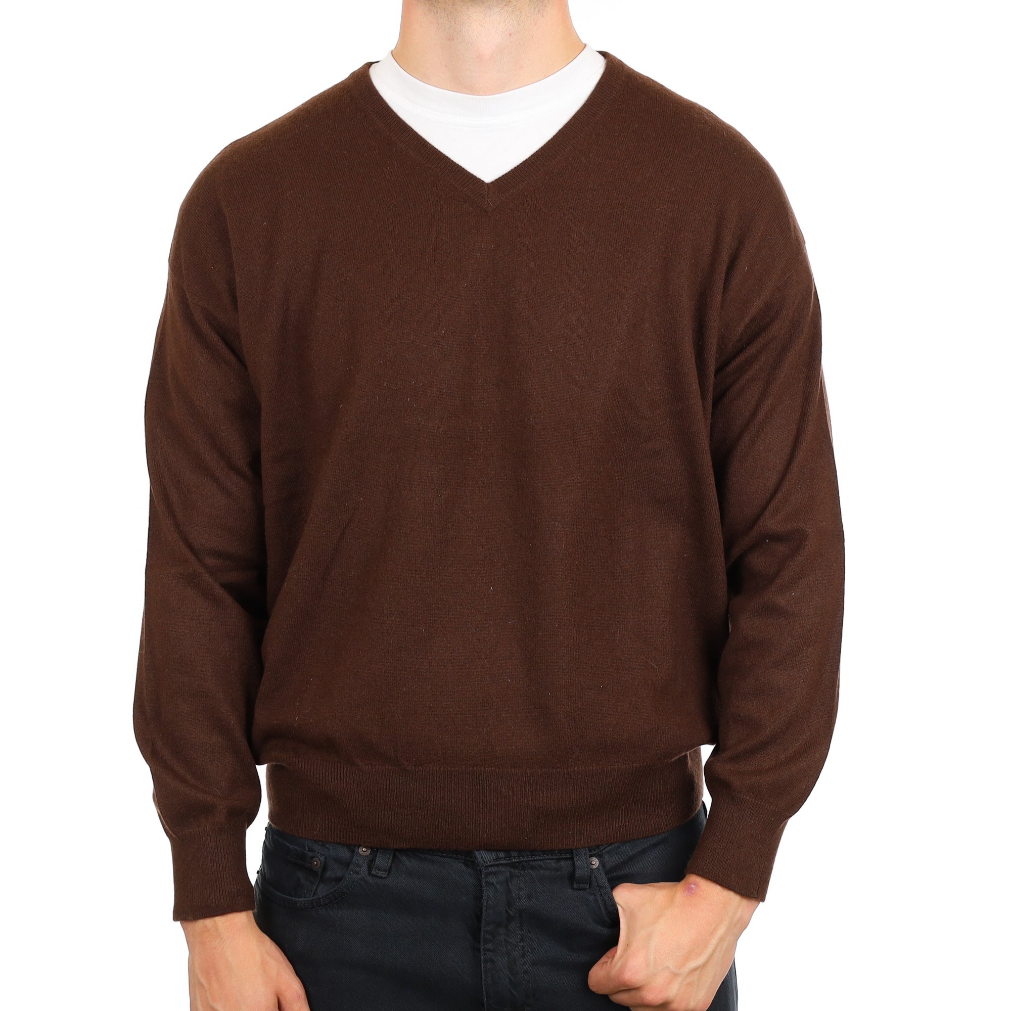 Men's Chocolate Brown Cashmere V Neck Jumper XXXL