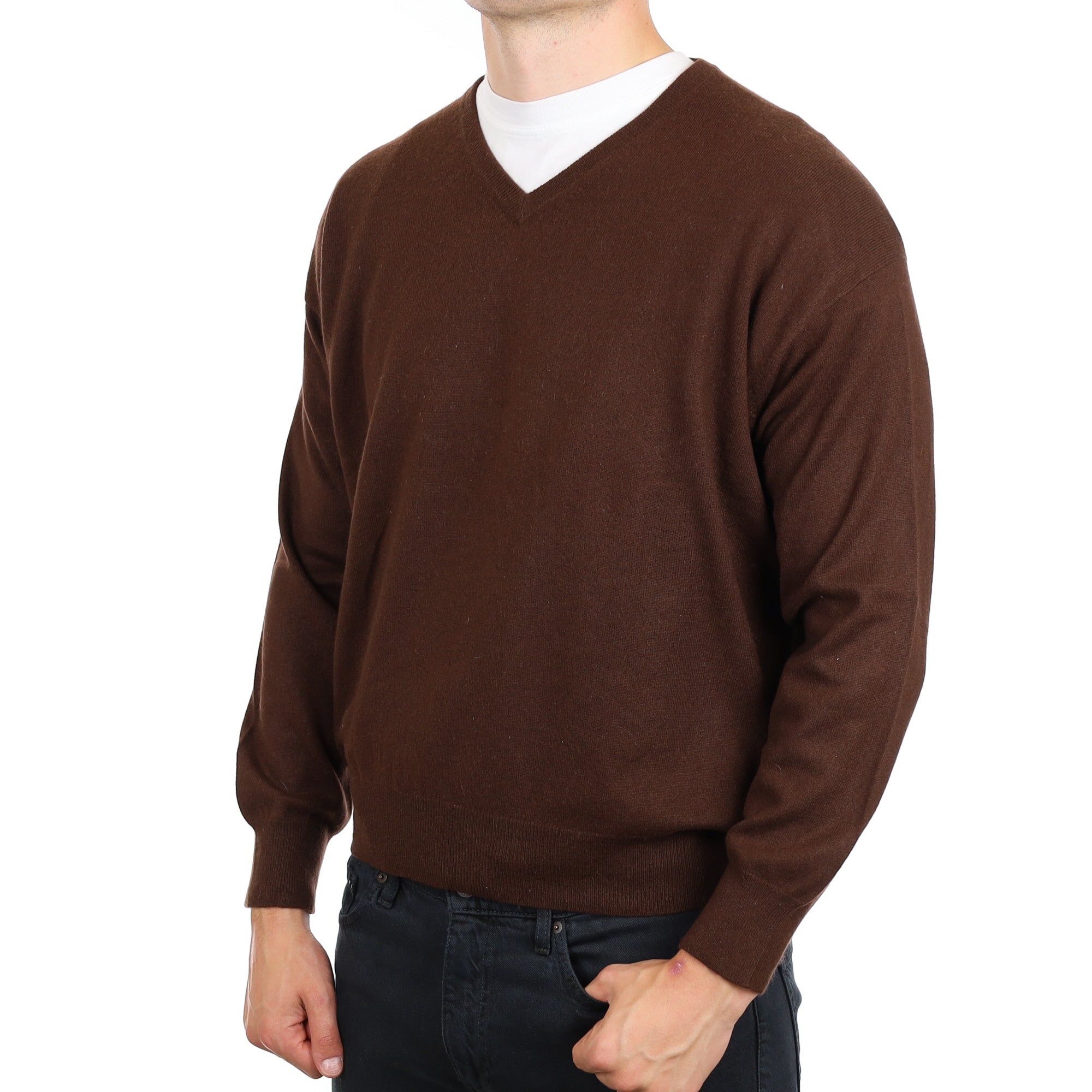 Men's Chocolate Brown Cashmere V Neck Jumper XXXL