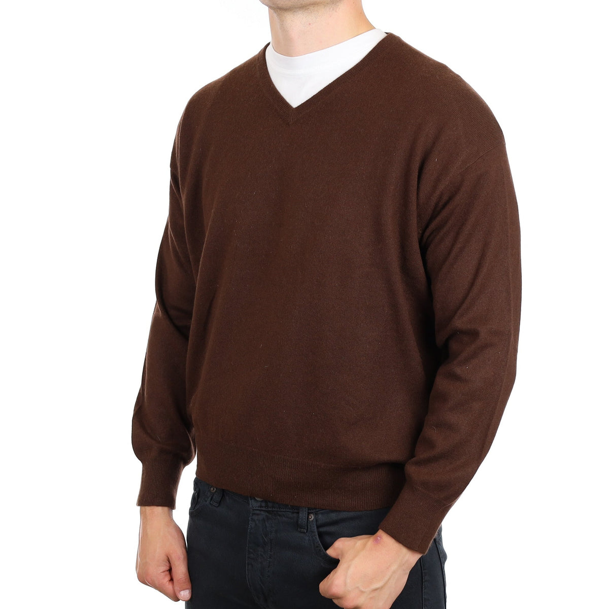 Men's Chocolate Brown Cashmere V Neck Jumper XXXL