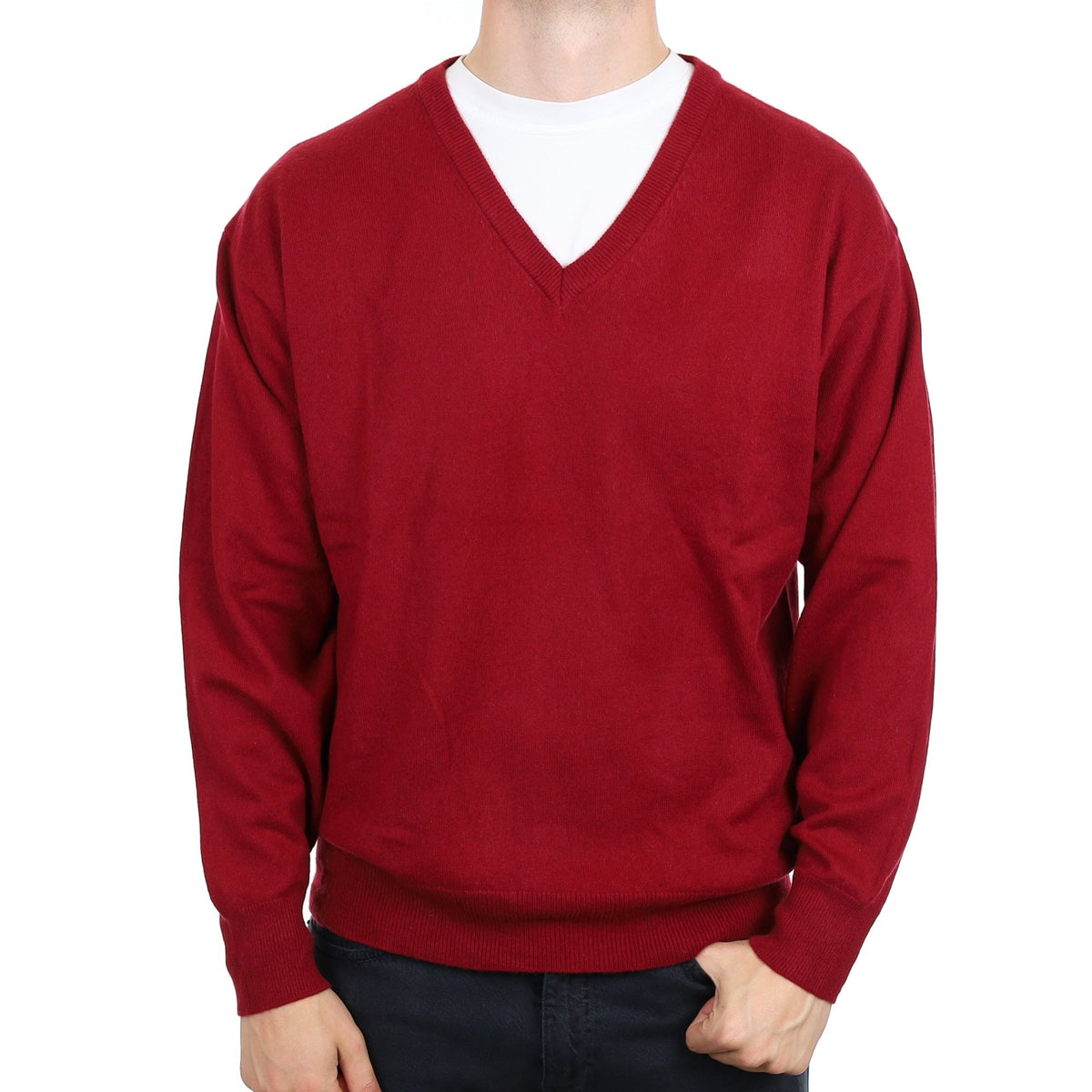 Men's Burgundy Red Cashmere V Neck Jumper XXXL