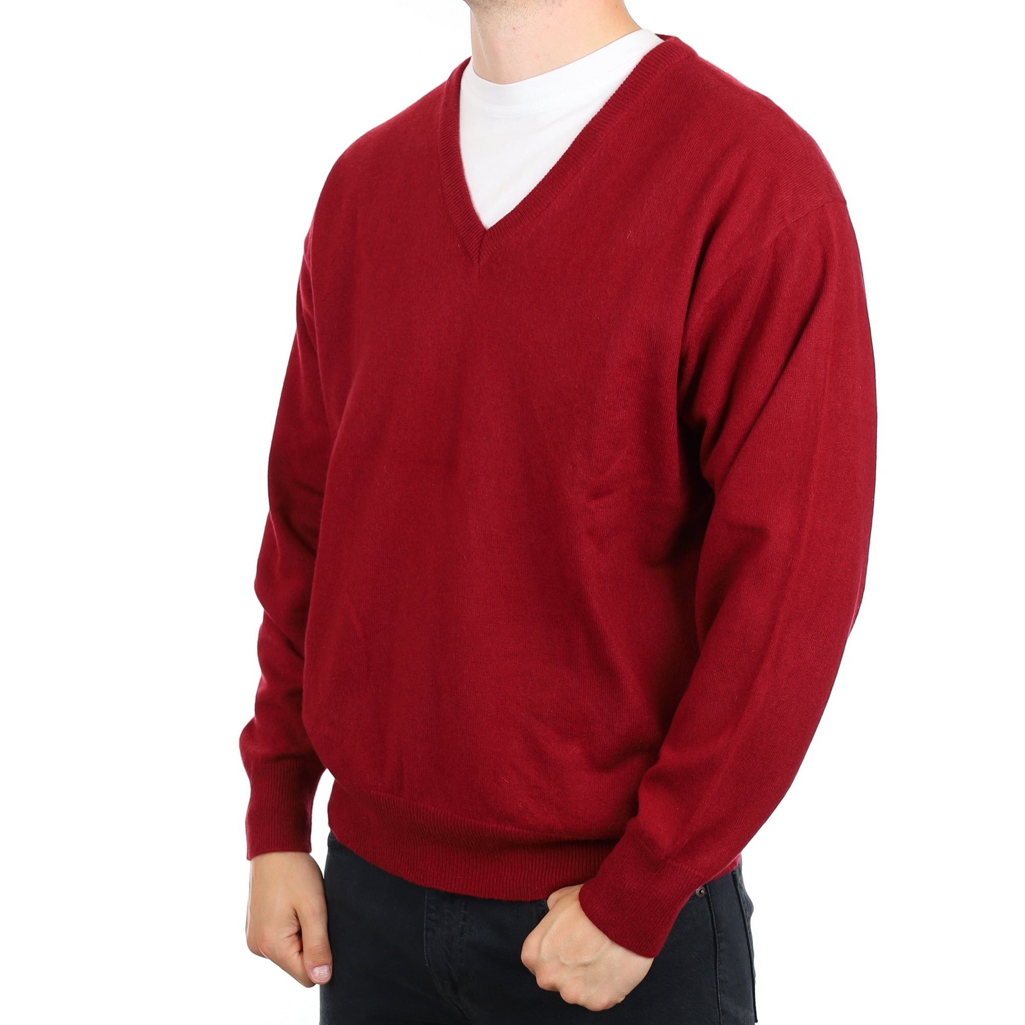 Men's Burgundy Red Cashmere V Neck Jumper XXXL