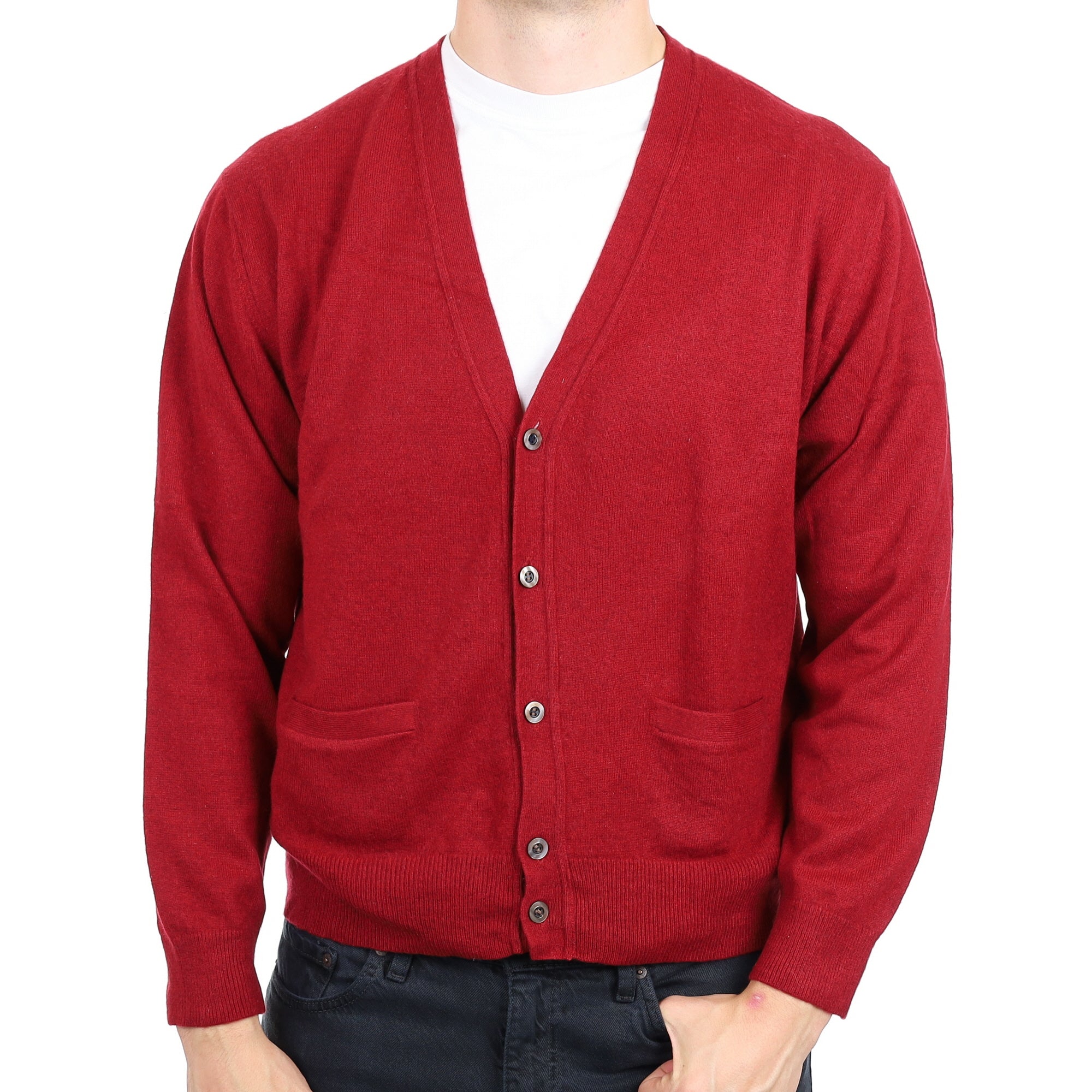 Men's Burgundy Red Cashmere Cardigan with Pockets Jumper XXL