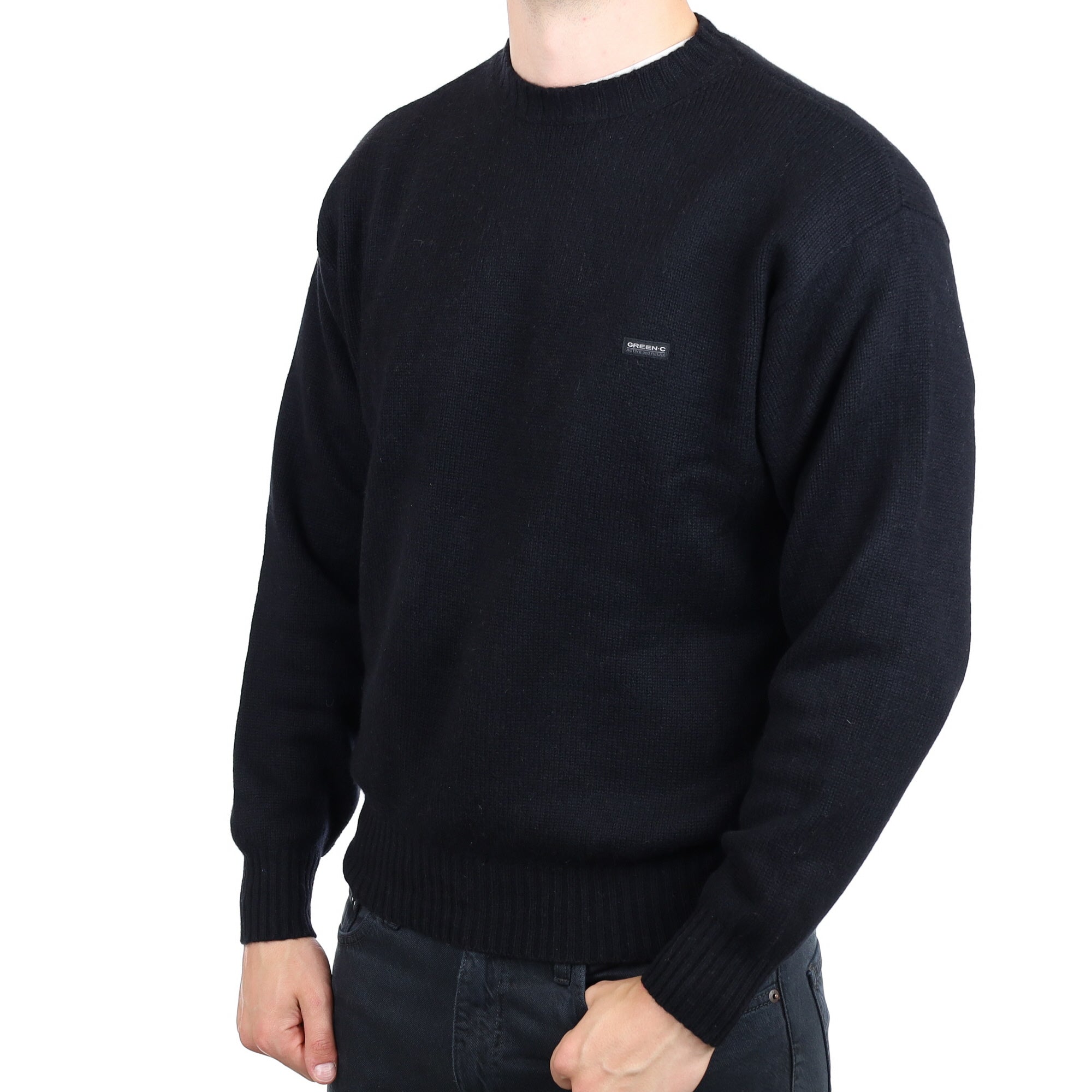 Men's Black Cashmere Chunky Knit Crew Neck Jumper XL