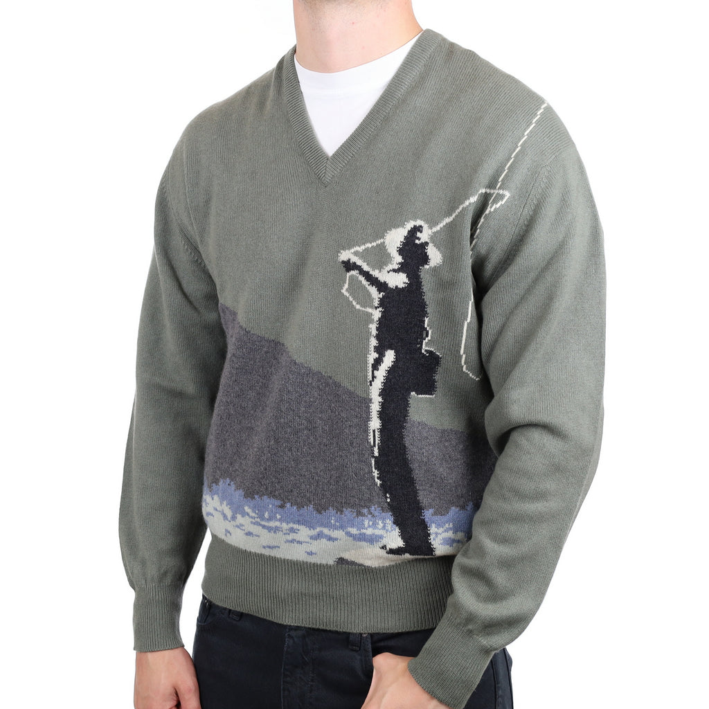 Men's Scottish Olive Green Fisherman Cashmere V Neck Jumper XL
