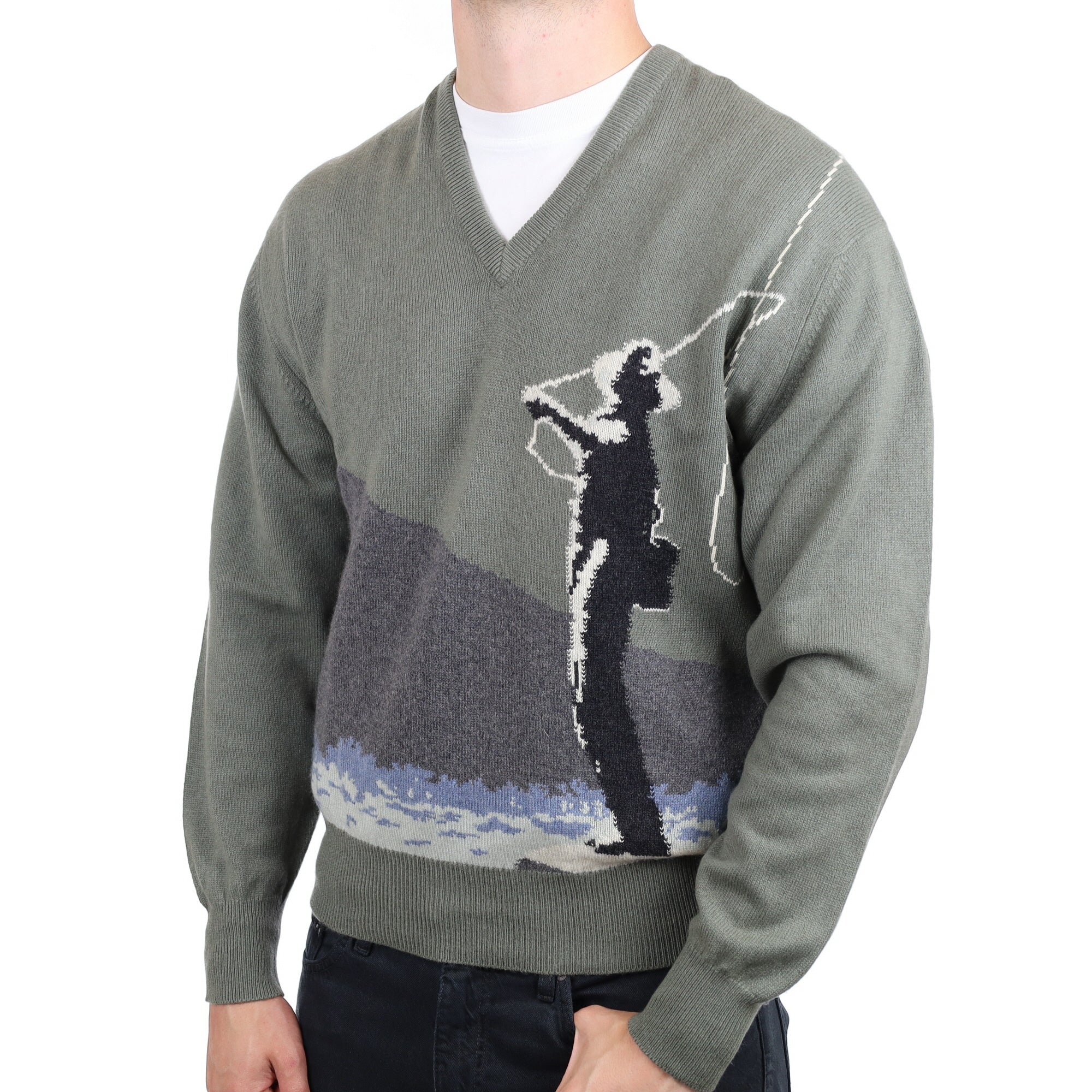 Men's Scottish Olive Green Fisherman Cashmere V Neck Jumper XL