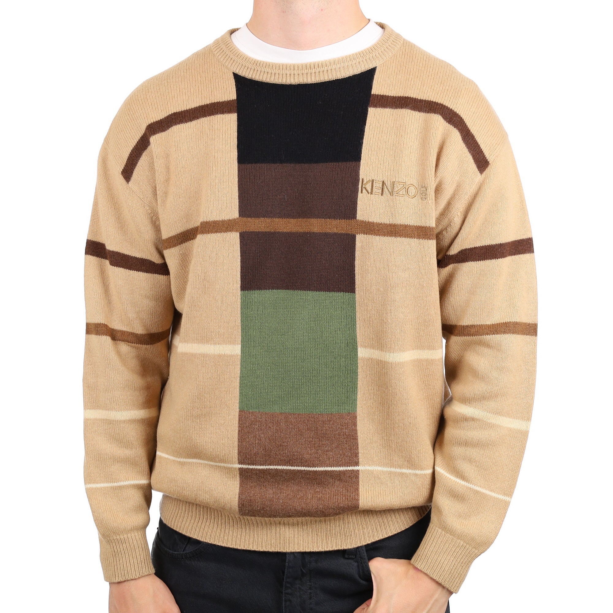Men's Kenzo Caramel Brown Heavy Knit Cashmere Crew Neck Jumper XXL