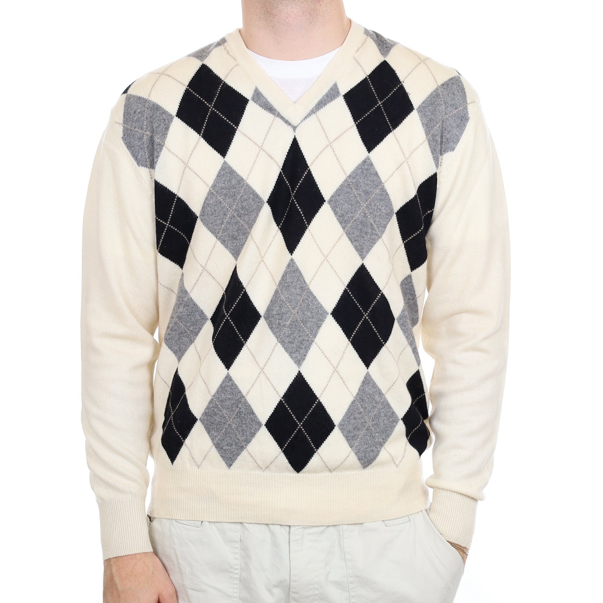 Men's Cream and Black Argyle Cashmere V Neck Jumper Large