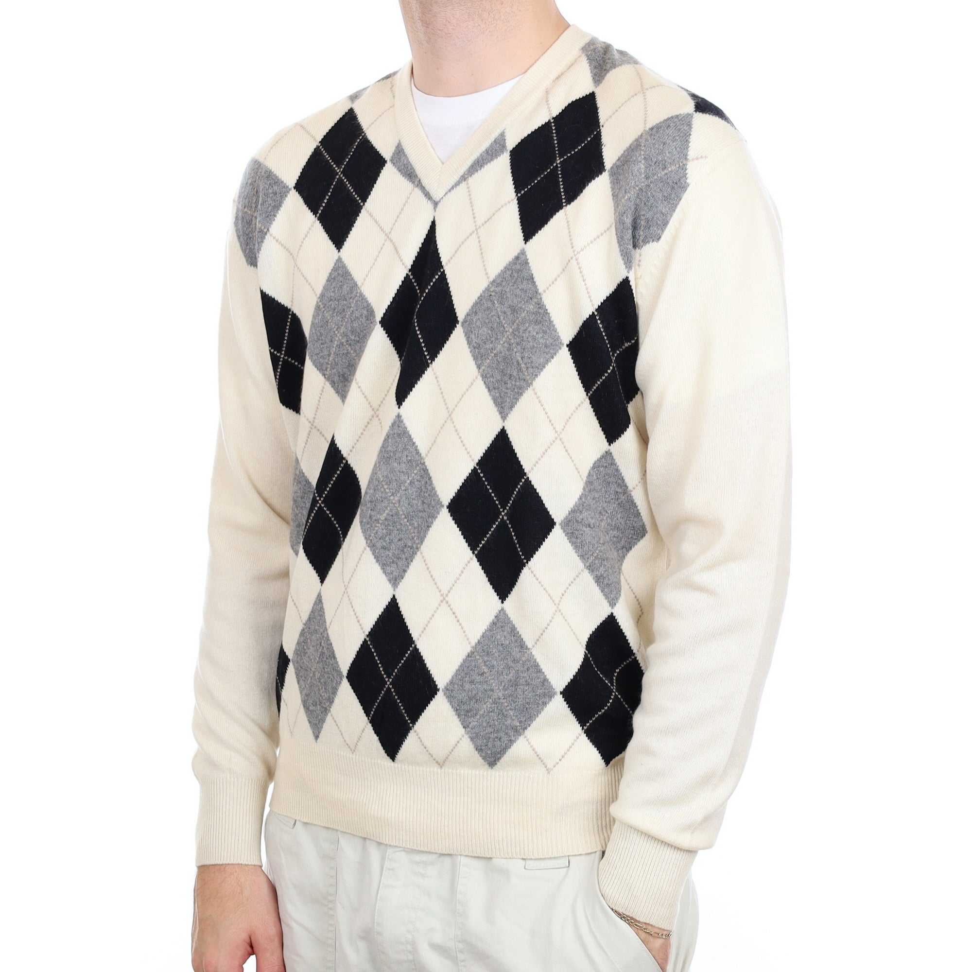 Men's Cream and Black Argyle Cashmere V Neck Jumper Large