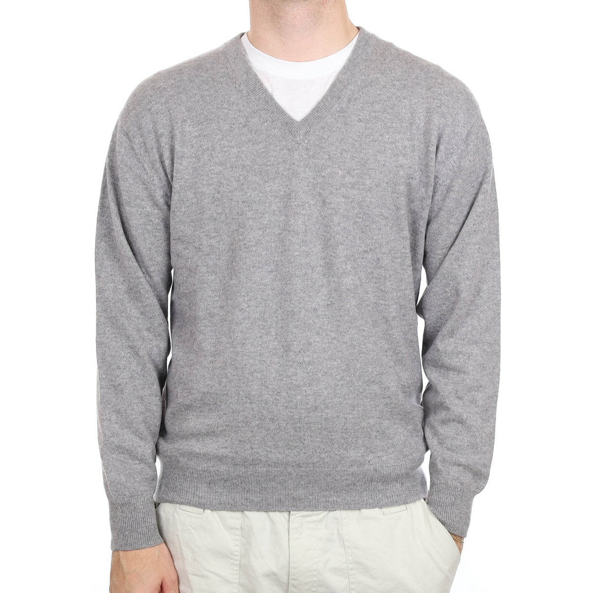 Men's Smoke Grey Cashmere V Neck Jumper Large
