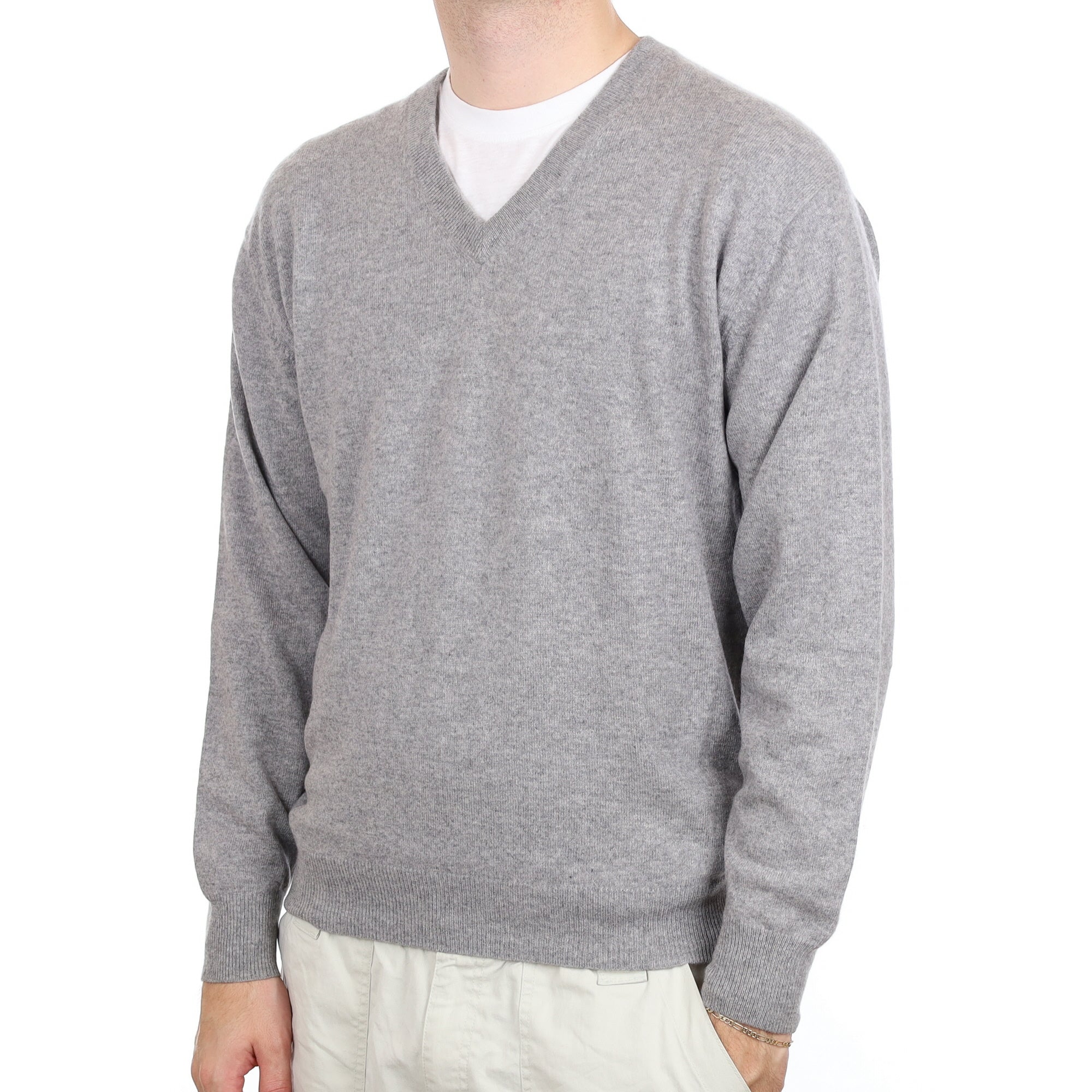 Men's Smoke Grey Cashmere V Neck Jumper Large